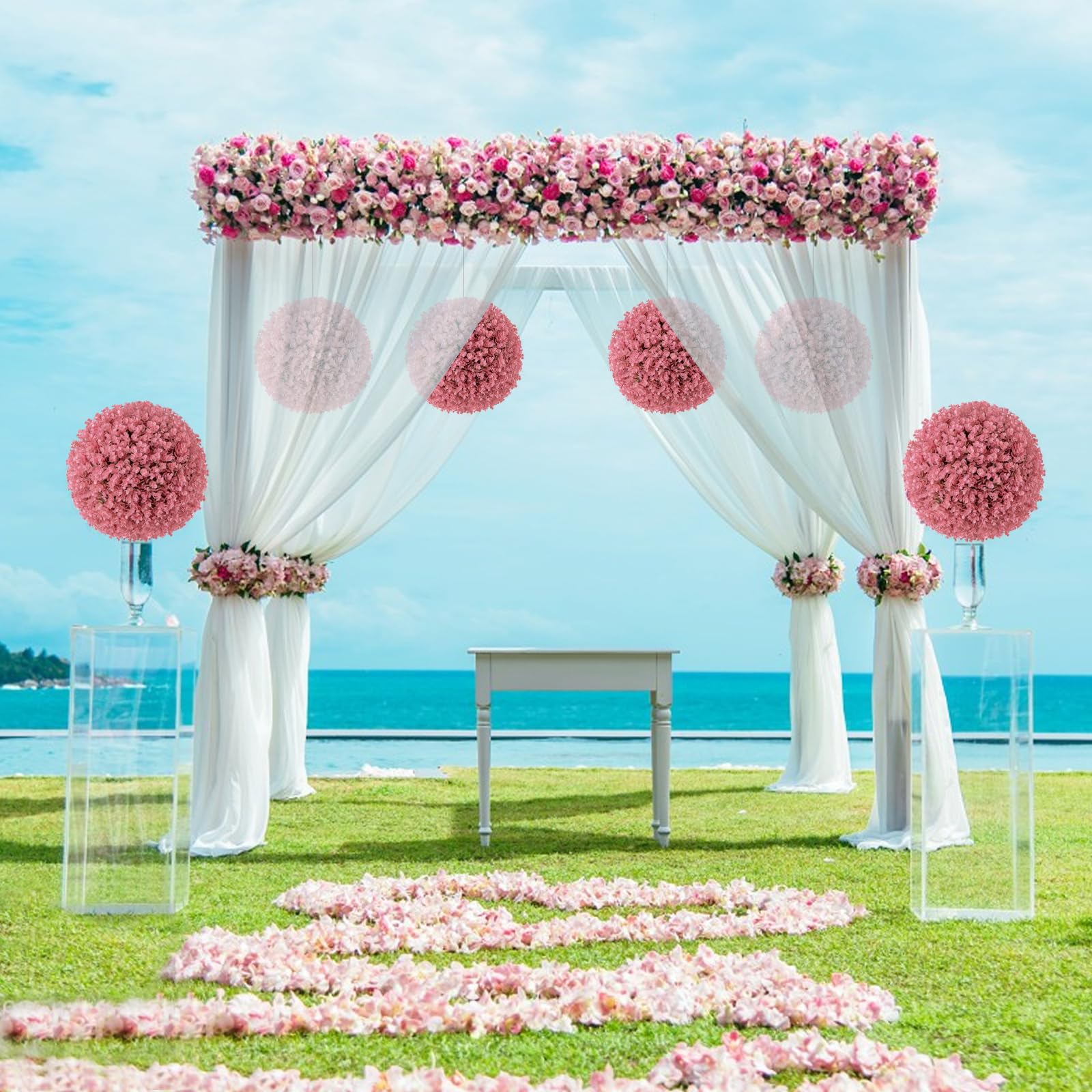 Giantex 2 PCS Artificial Plant Topiary Ball, 17.5'' Pink Faux Eucalyptus Decorative Balls for Wedding Home Decor 