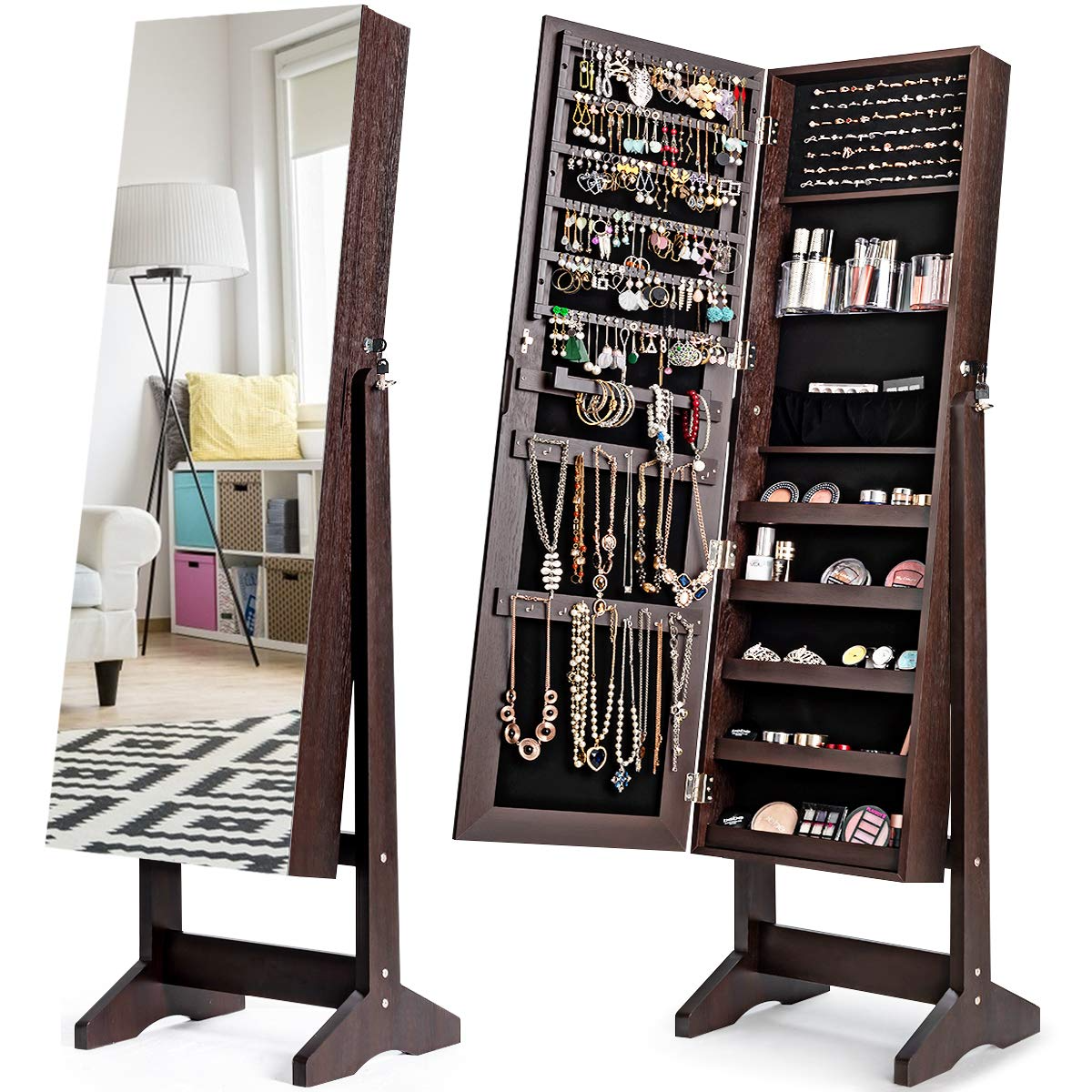 CHARMAID Jewelry Armoire Cabinet with Frameless Full Length Mirror