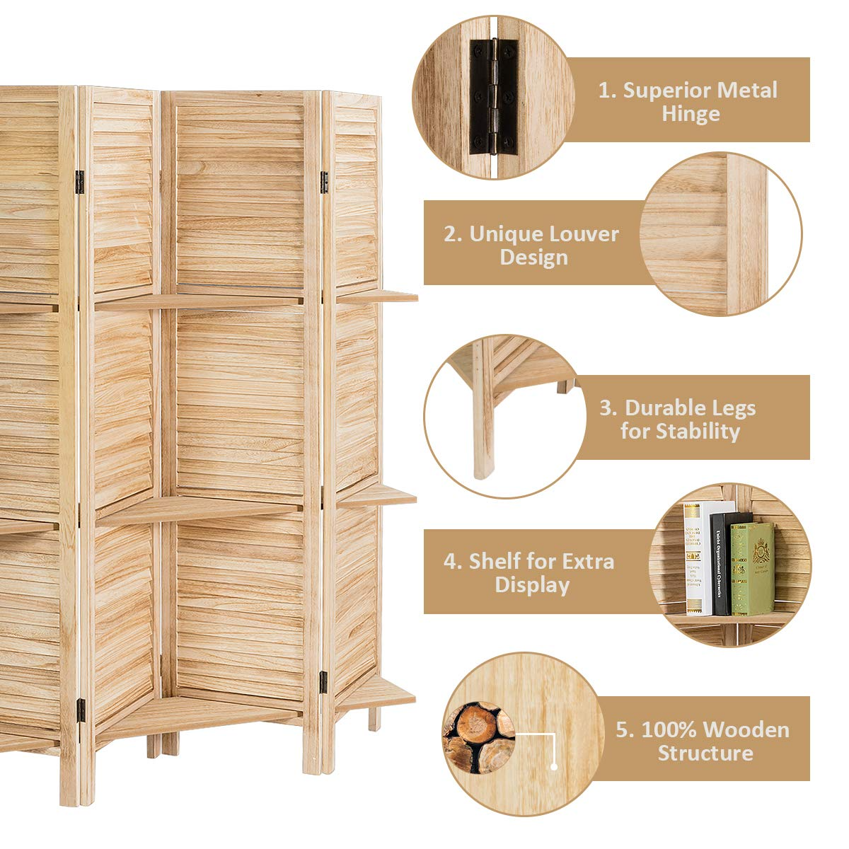 Giantex 4 Panel 5.6 Ft Tall Wood Room Divider 