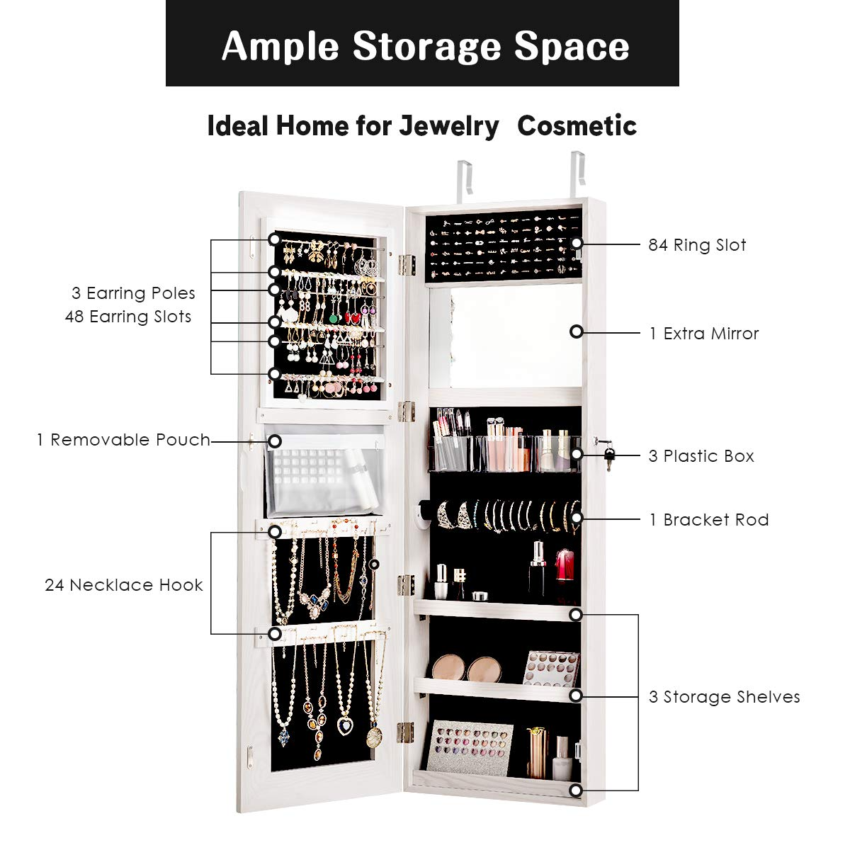 CHARMAID Jewelry Cabinet with LED Touch Screen Mirror 