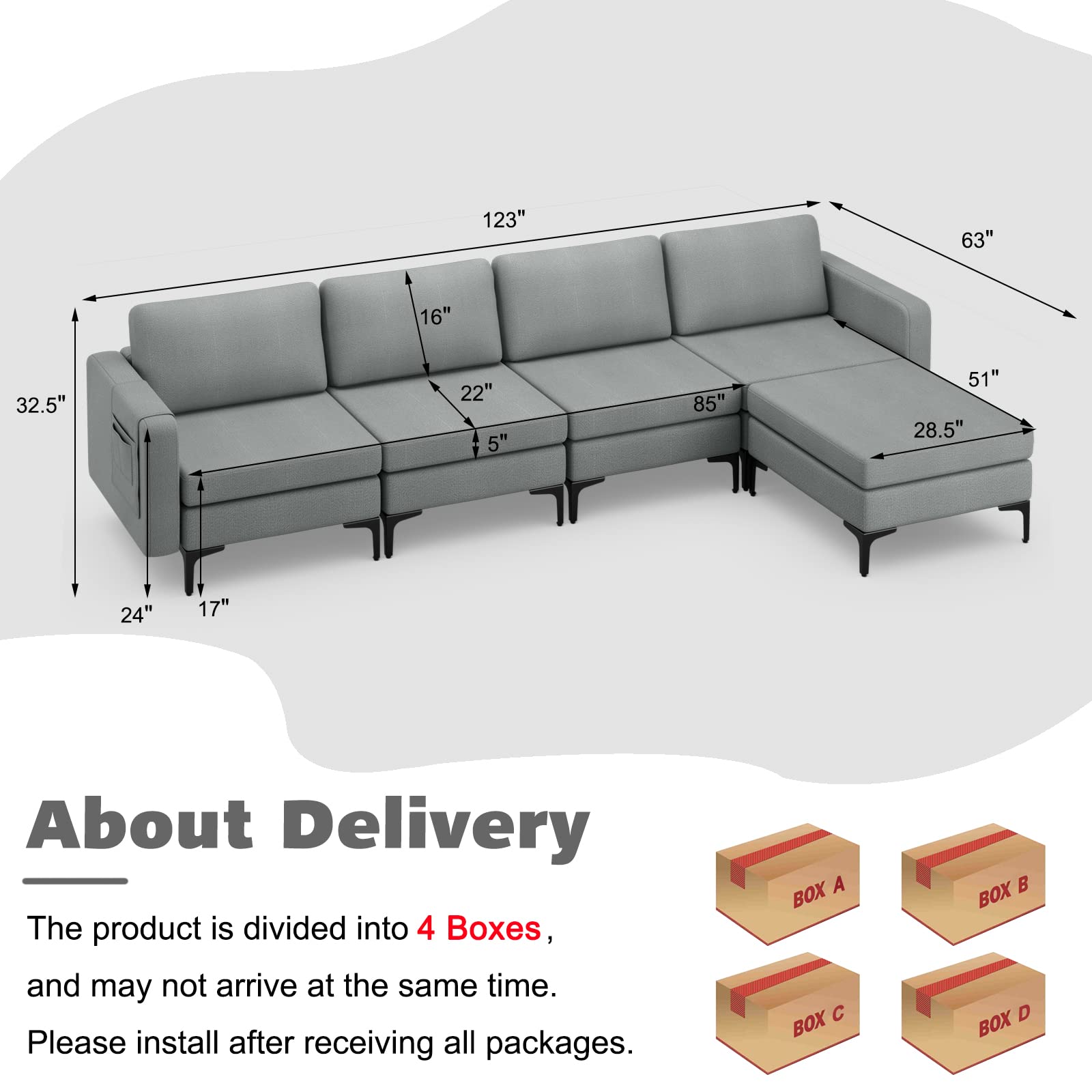 Giantex 4 Seat Convertible Sofa Couch, 123" L Sectional Sleeper with 2 or 1 USB Ports Socket 