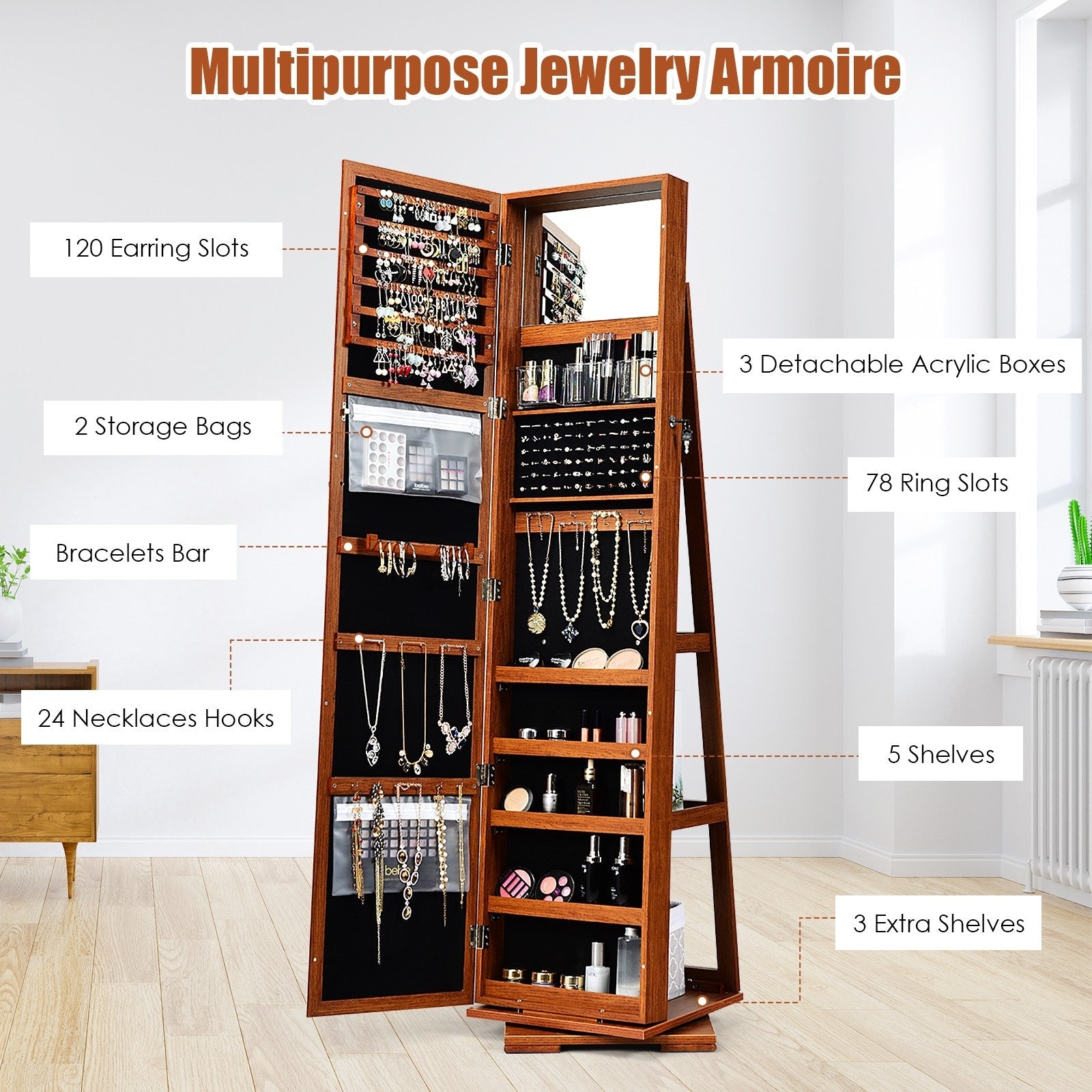 CHARMAID | 360-degree Rotating Jewelry Armoire with Higher Full Length Mirror 