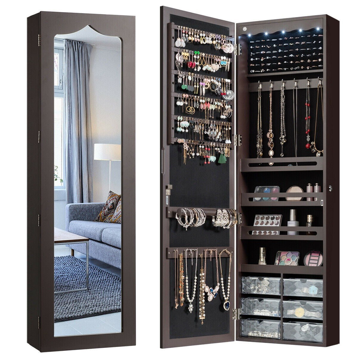 CHARMAID | 5 LEDs Jewelry Armoire Wall Mounted/Door Hanging Mirror