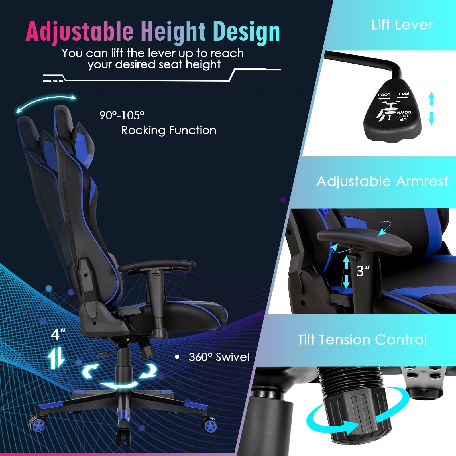 Giantex Gaming Chair with RGB LED Lights, Ergonomic Video Game Chair 