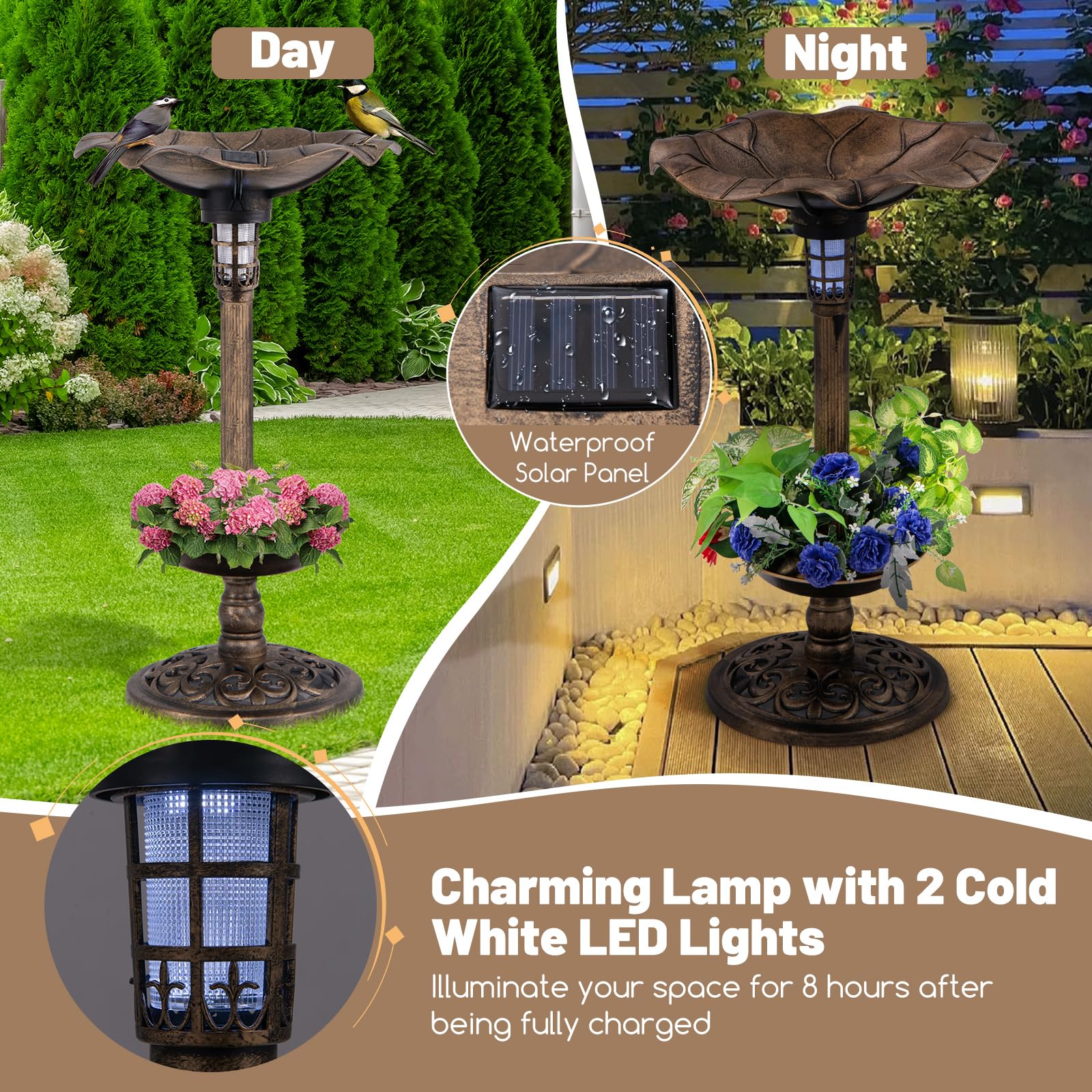Giantex Bird Bath for Outside, 30 inch Solar Lighted Bird Bath and Feeder with Flower Planter 