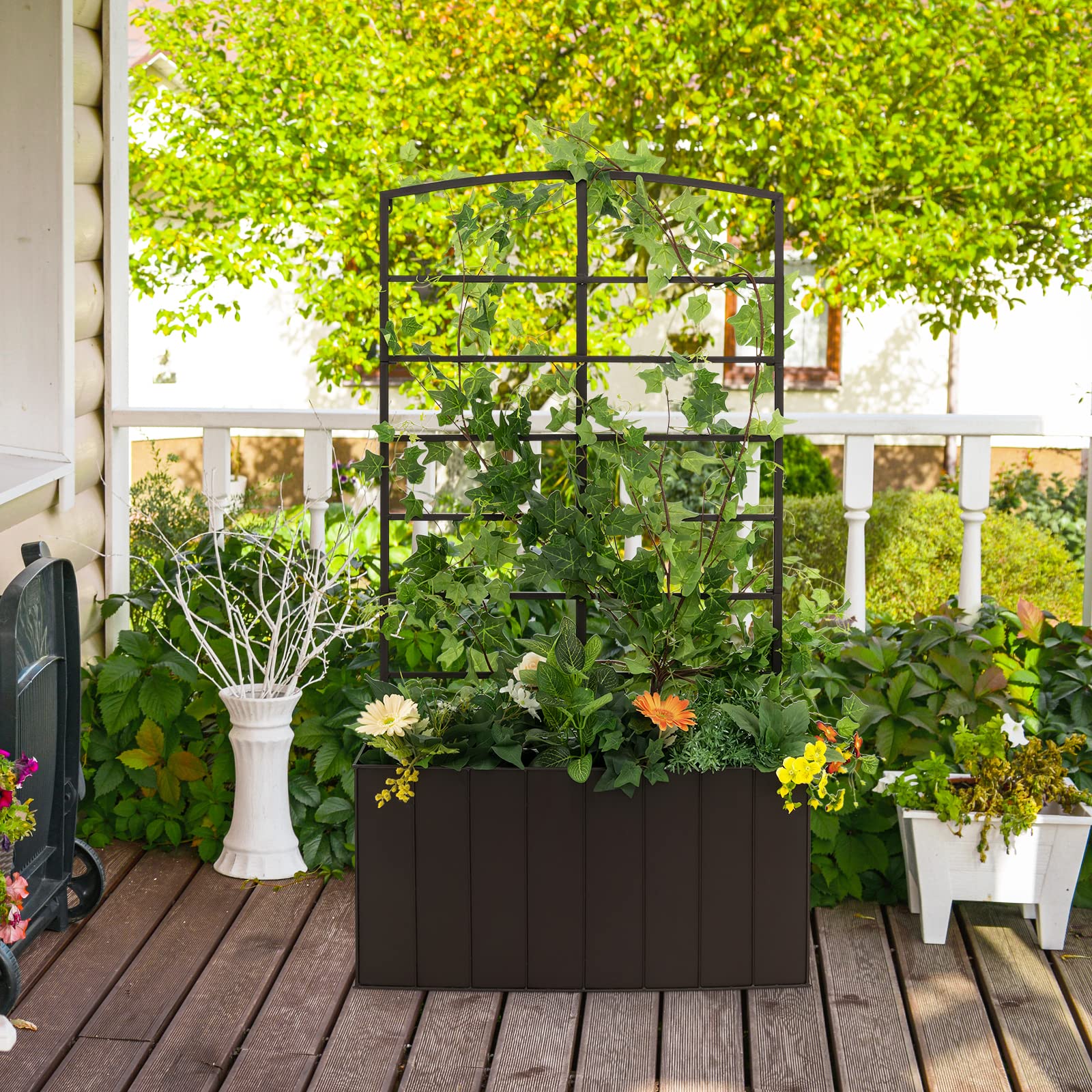 Giantex Raised Garden Bed with Trellis, Vertical Bed Box with Lattice for Vine Flowers Climbing or Hanging 
