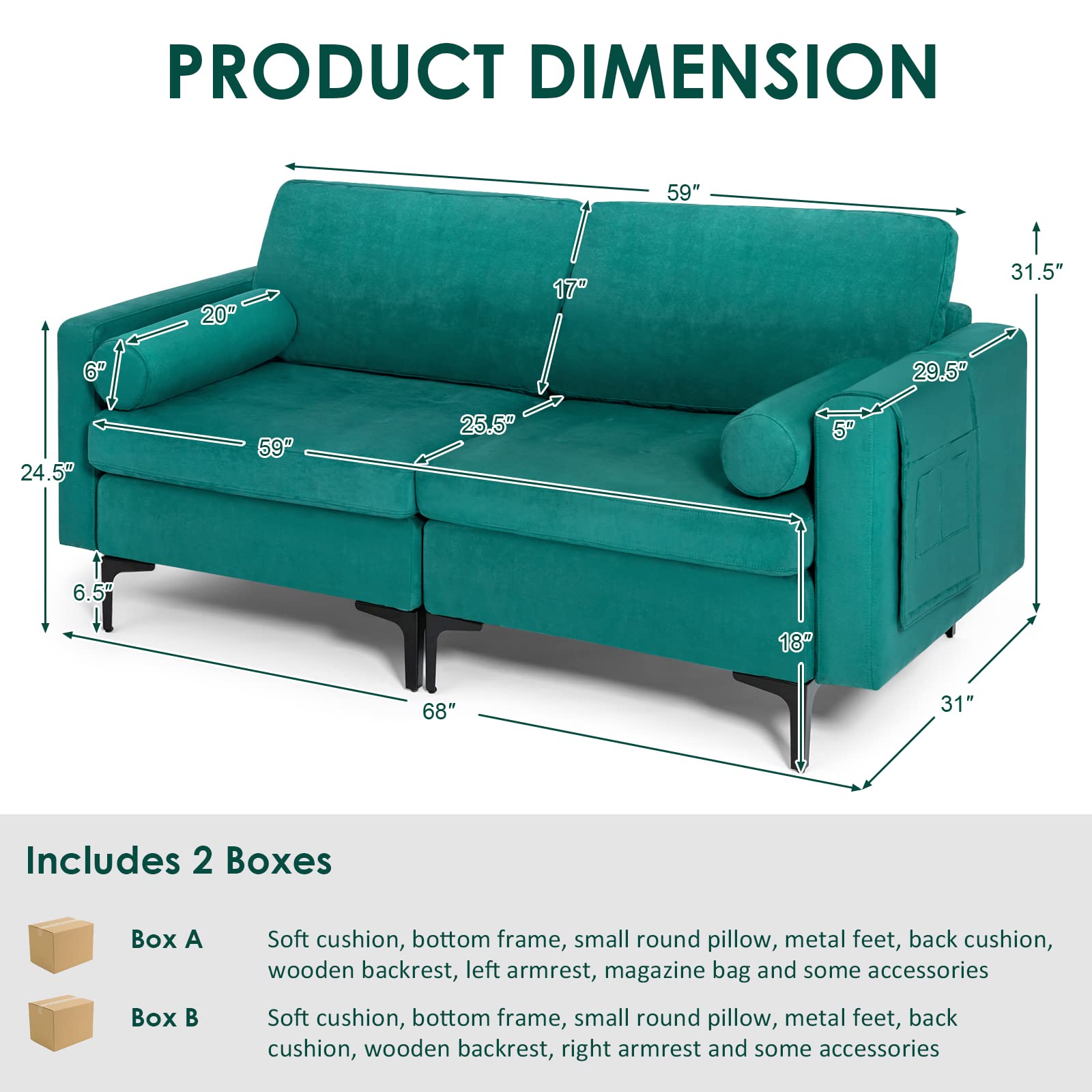 Giantex 68" Modern Loveseat, 2-Seater Sofa Couch 