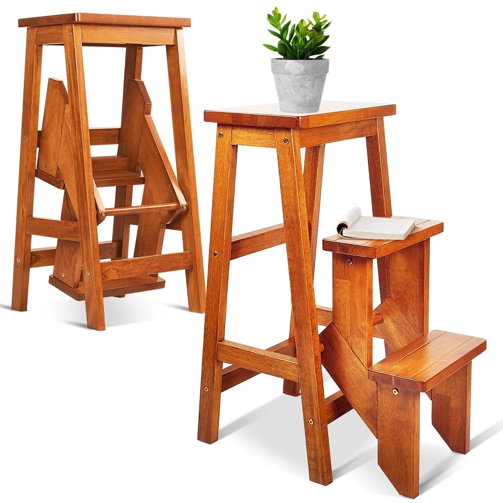 3 Tier Folding Step Ladder, Multifunction 3-in-1 Wood Step Stool 