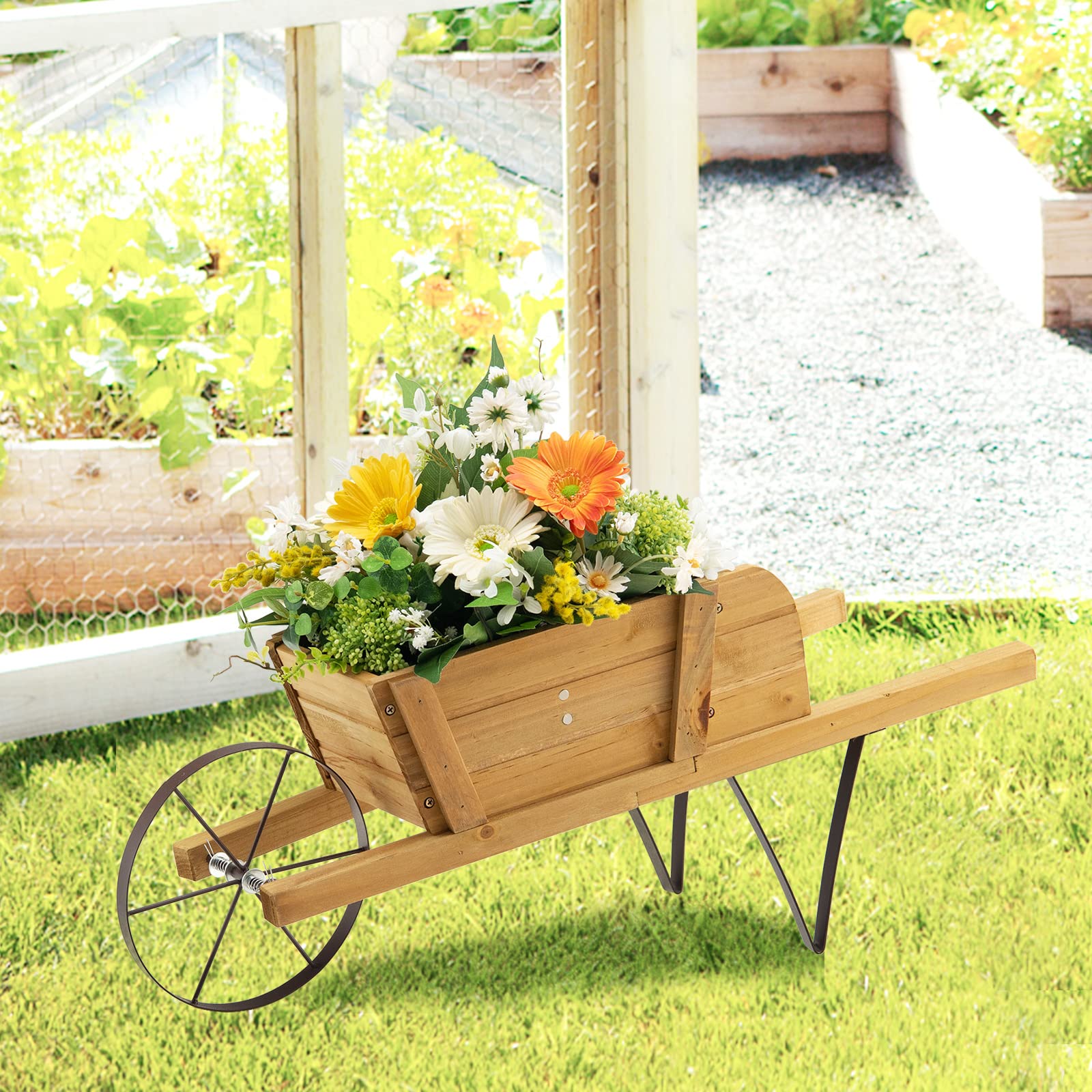 Giantex Wooden Wagon Planter, Small Wheelbarrow Wagon Flower, Indoor & Outdoor Raised Bed 
