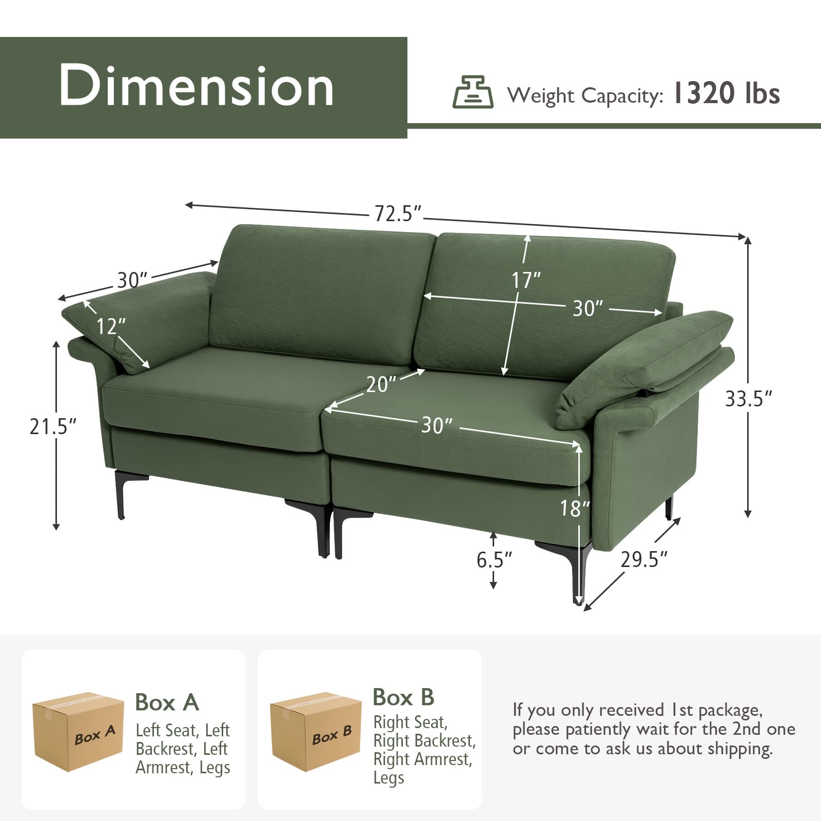 Giantex 72.5" L Loveseat, 2-Seat Sofa Couch with Removable Armrest Pillows 