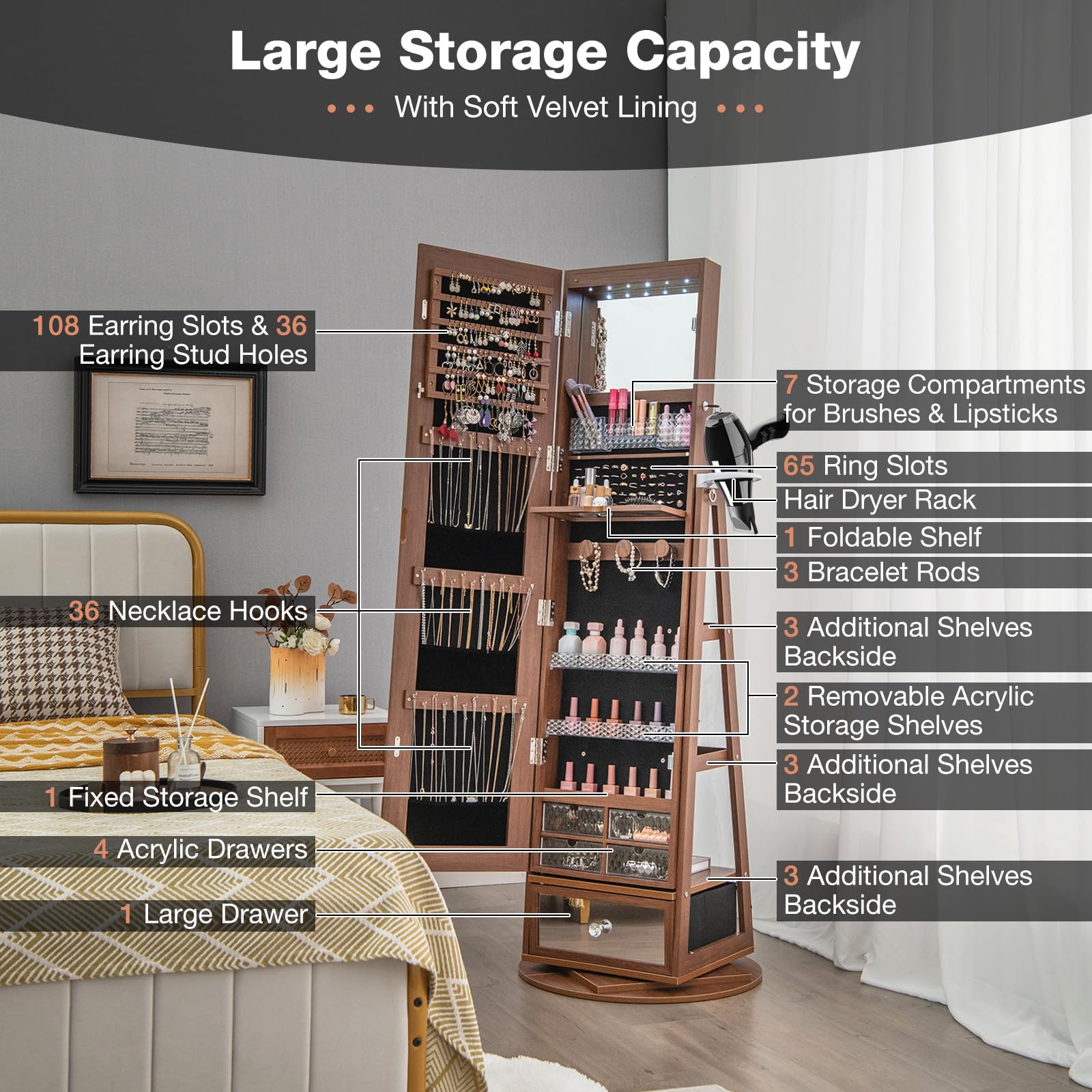 CHARMAID 360° Swivel Jewelry Cabinet Armoire with 64.5" H Full Length Mirror 
