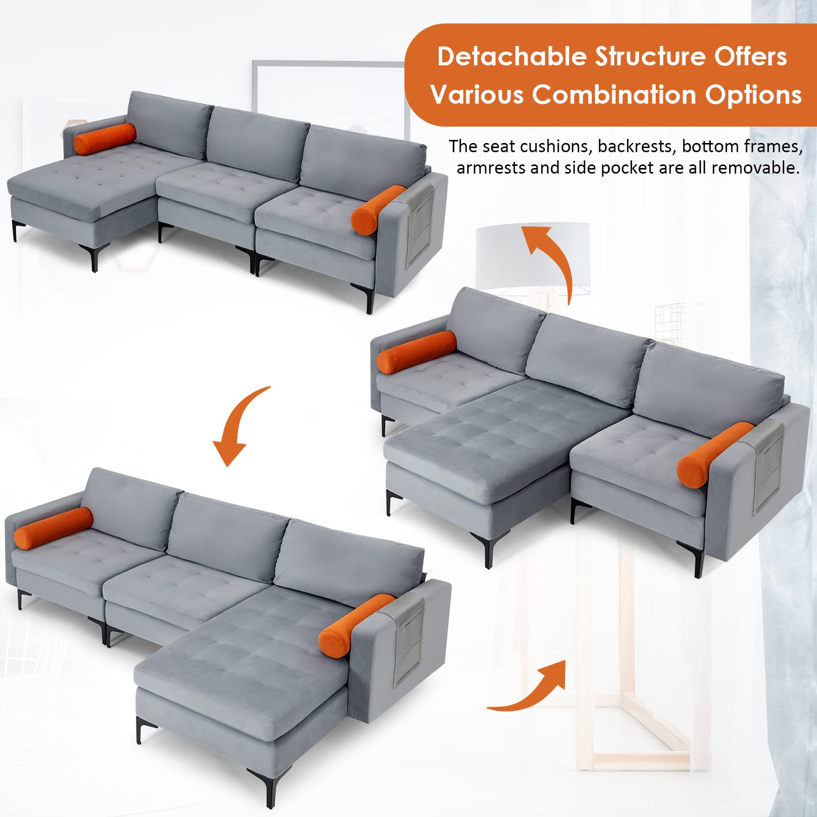 Giantex 97" Large Couch, 3 Seat Sectional Sofa Set, L-Shaped Modular Sleeper with Chaise Lounge & USB Port & Socket 
