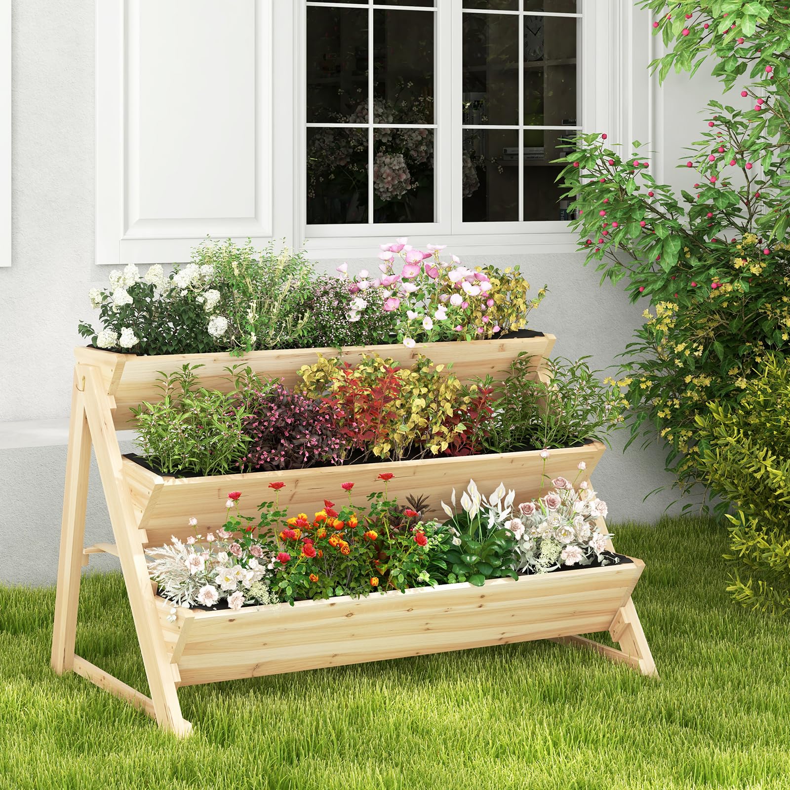 Giantex 3-Tier Raised Garden Bed, Wooden Vertical Planter Box with Storage Shelf 
