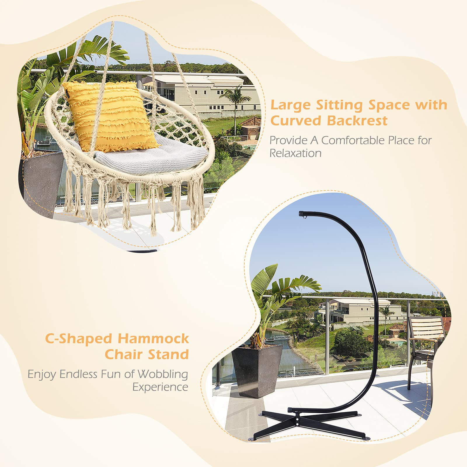 Giantex Hammock Chair with Stand, Solid Steel Heavy Duty C Stand with Macrame Hanging Chair 