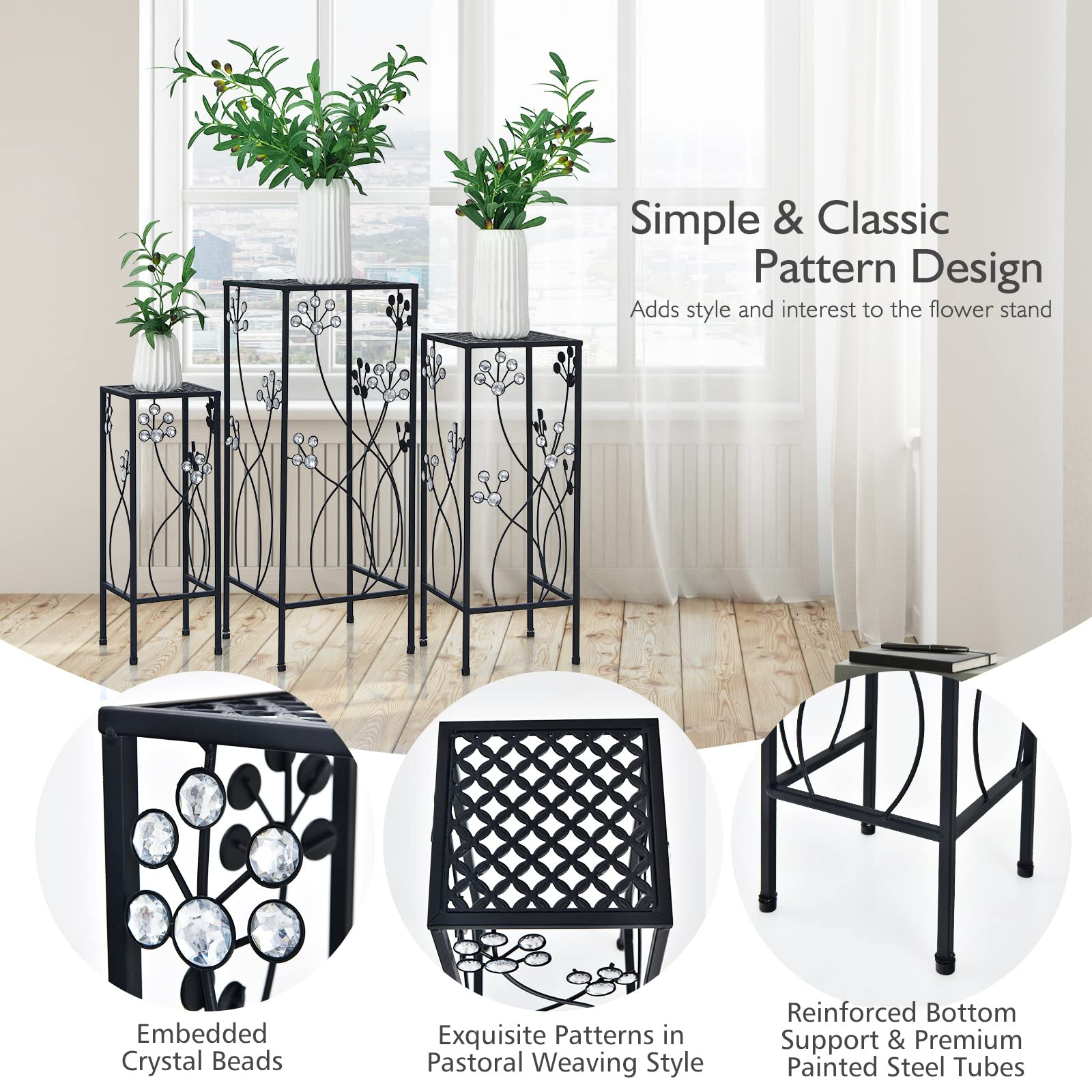 3 Pieces Flower Pots Display Rack with Vines and Crystal Floral Design 