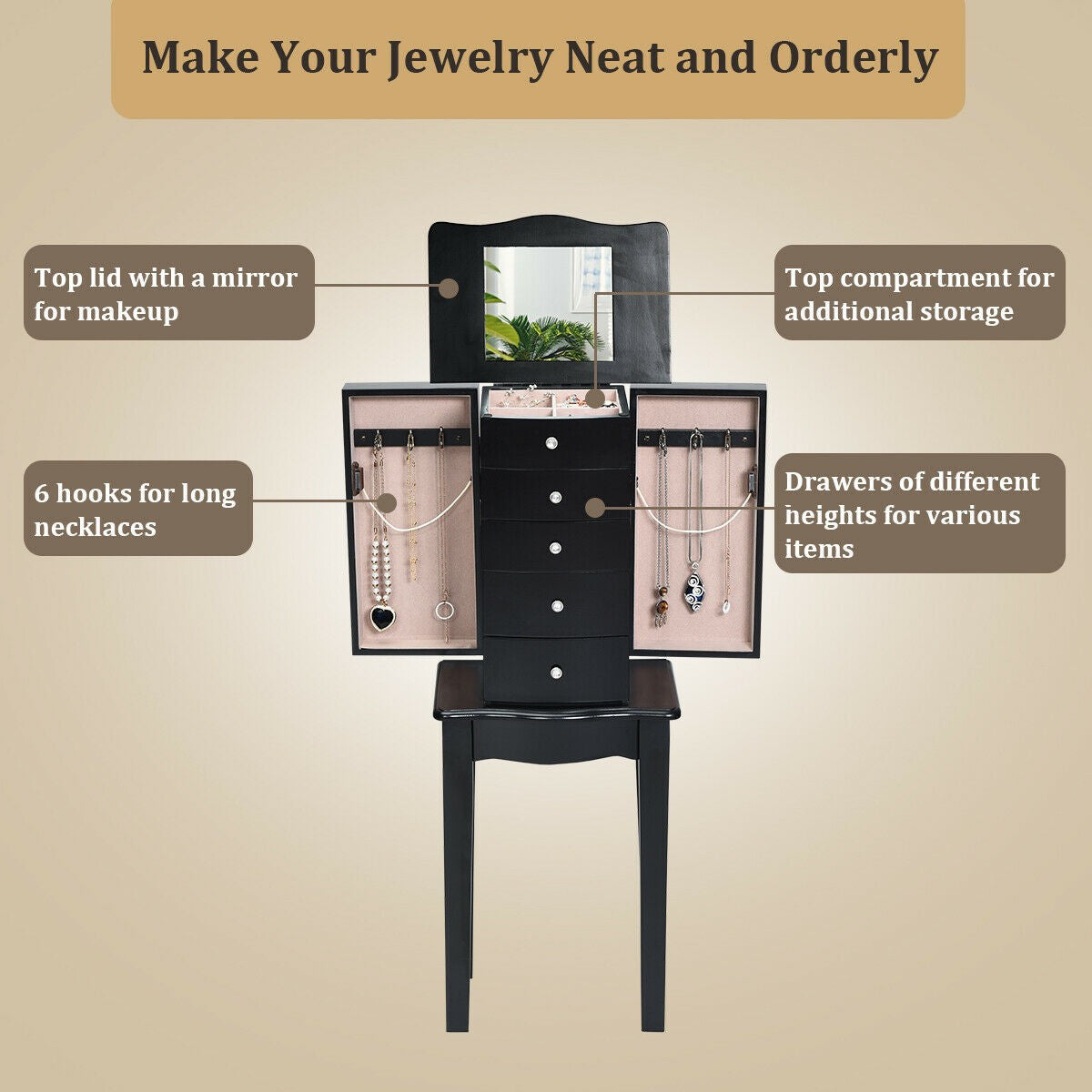 Jewelry Chest Armoire Cabinet Standing with Mirror 