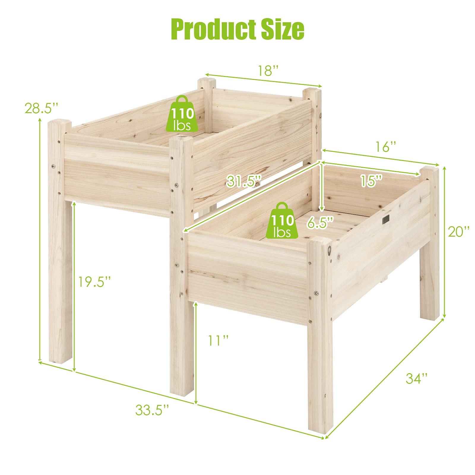 Set of 2 Raised Garden Bed, 34" x 33.5" x 28.5" (L x W x H) 