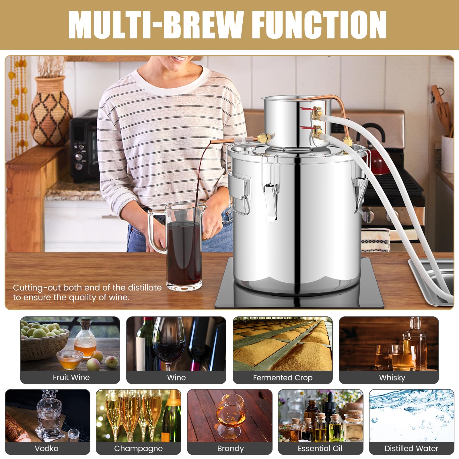 Giantex 10 Gal Alcohol Still,2 Pots Stainless Steel Alcohol Still, Multi-purpose Home Brewing Kit for DIY Whiskey, Brandy, Beer, Silver 