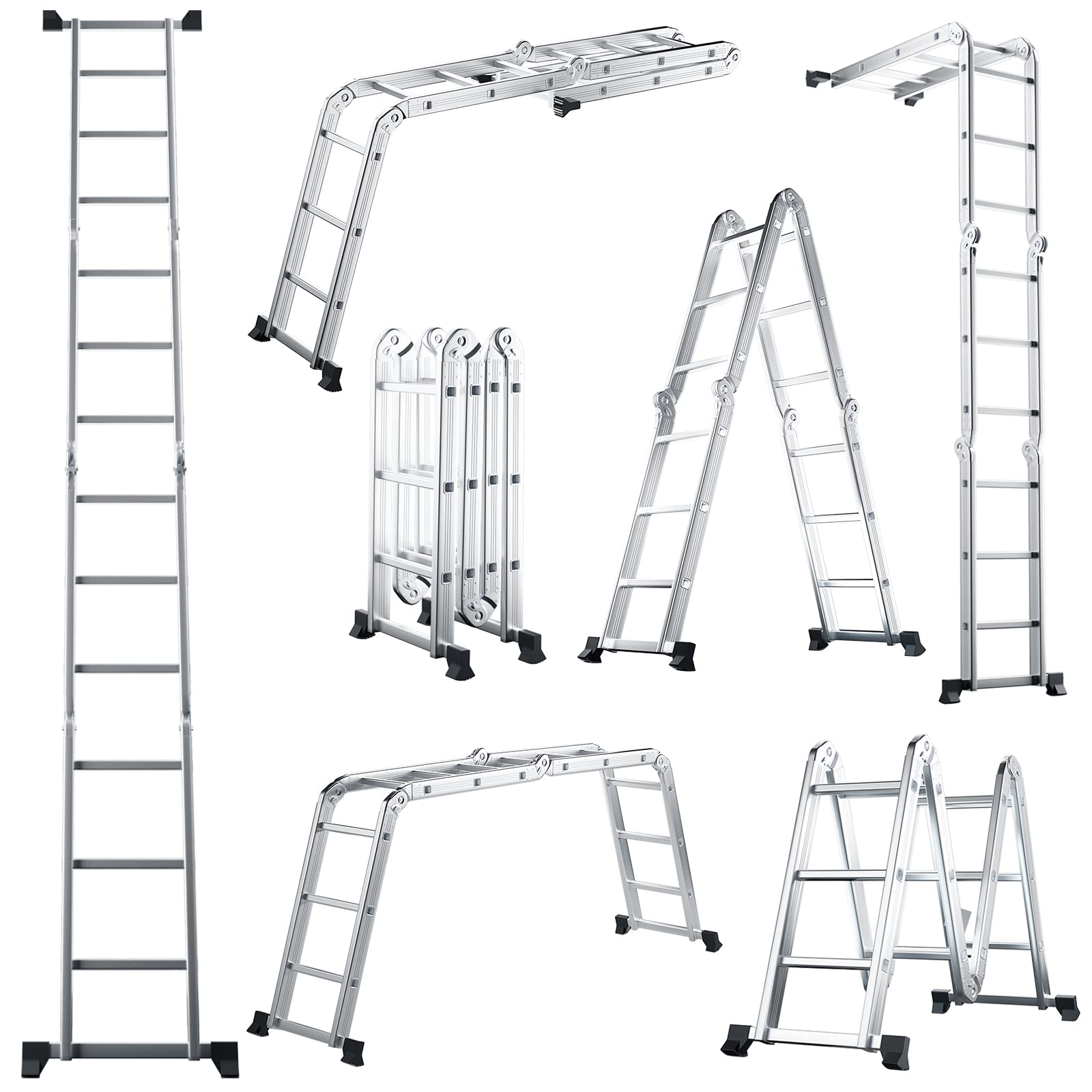 7 in 1 Folding Extension Ladders,Extendable Scaffold Aluminum Step Ladder 330LB (12.2 Ft) 