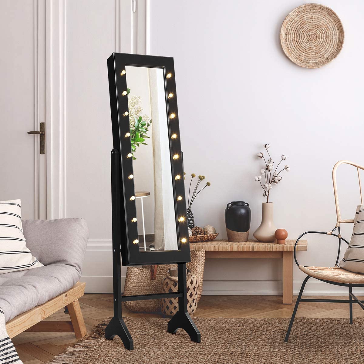 Standing Jewelry Armoire with 18 LED Lights Around the Door