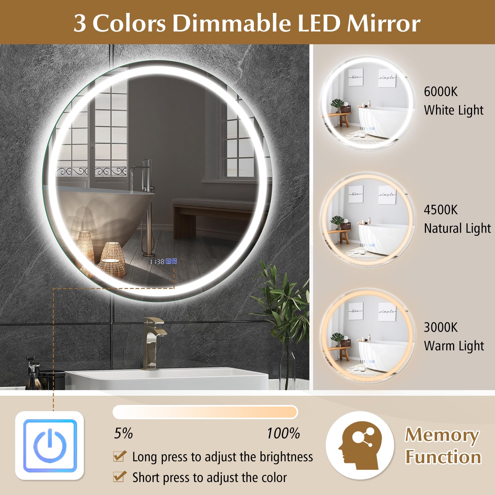 LED Bathroom Mirror - Lighted Vanity Mirror Wall Mounted, Front and Backlight, 3 Lighting Colors