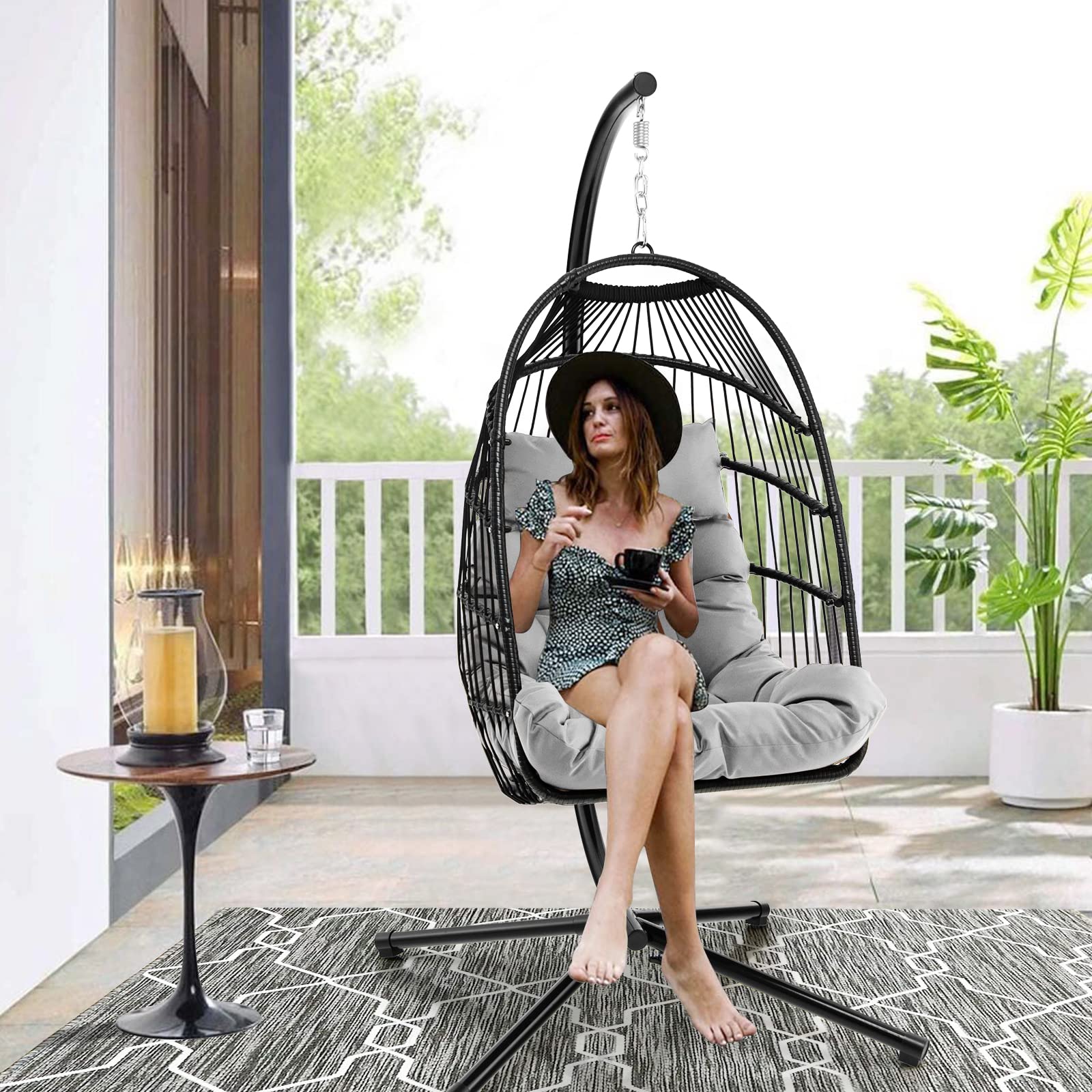 Giantex Egg Chair with Stand, Hanging Basket Chair Hammock Chair w/ Steel Stand Pillow Seat Cushion Rattan Basket & Dust Cover 