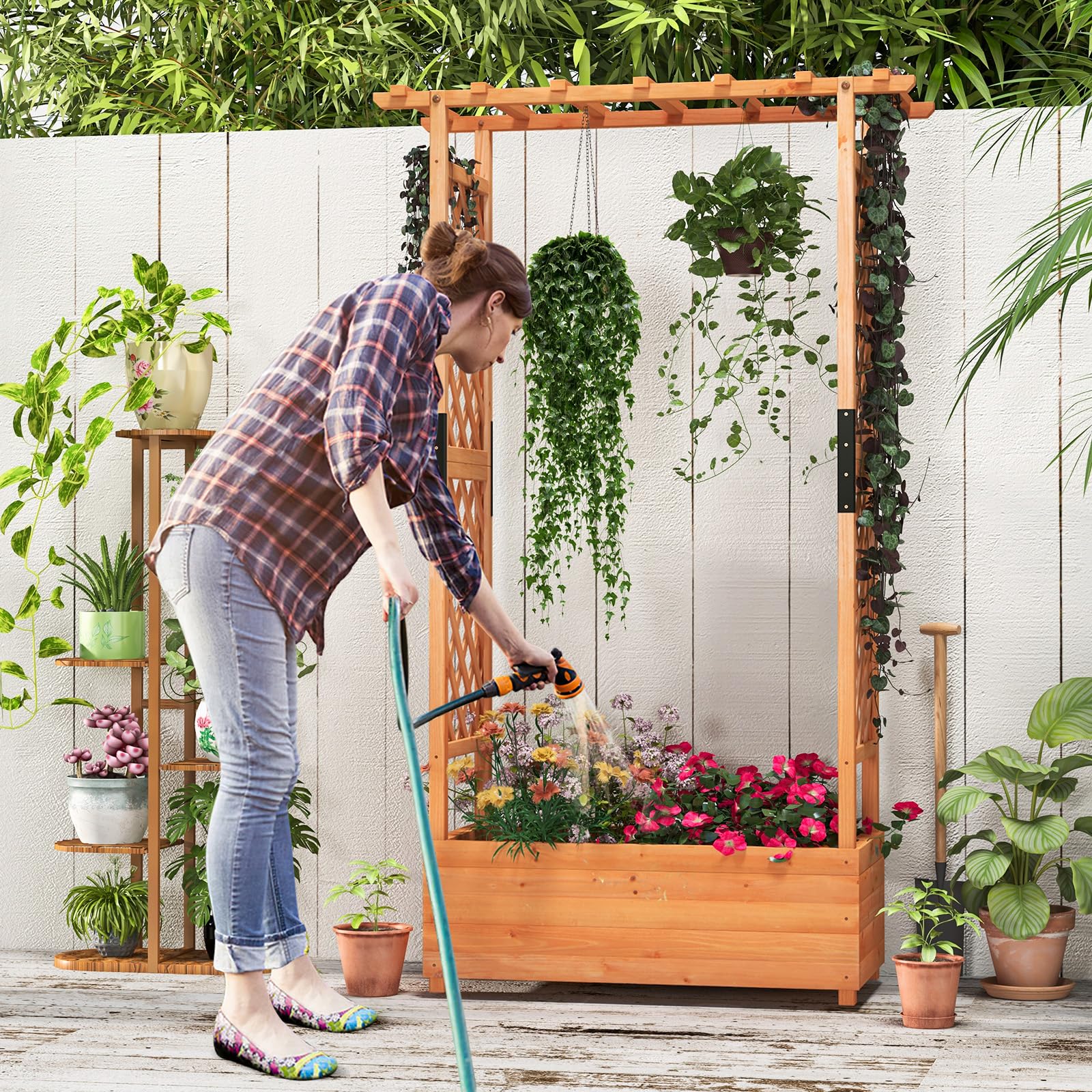 Giantex Raised Garden Bed with 2-Sided Trellis & Hanging Roof 