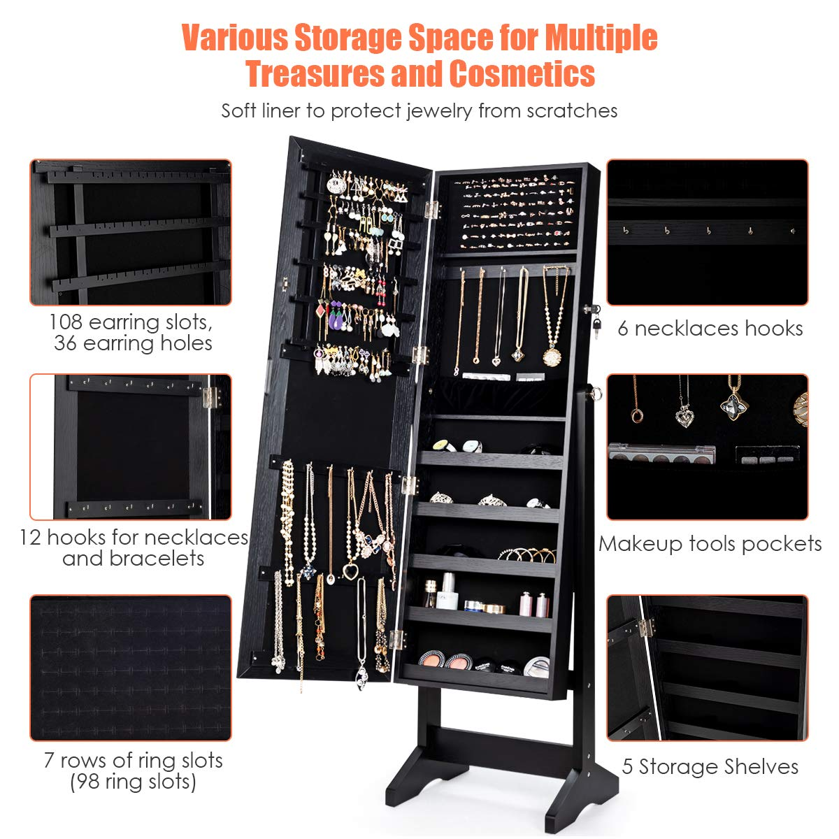 CHARMAID Freestanding Lockable Jewelry Organizer Box with Large Storage Capacity 