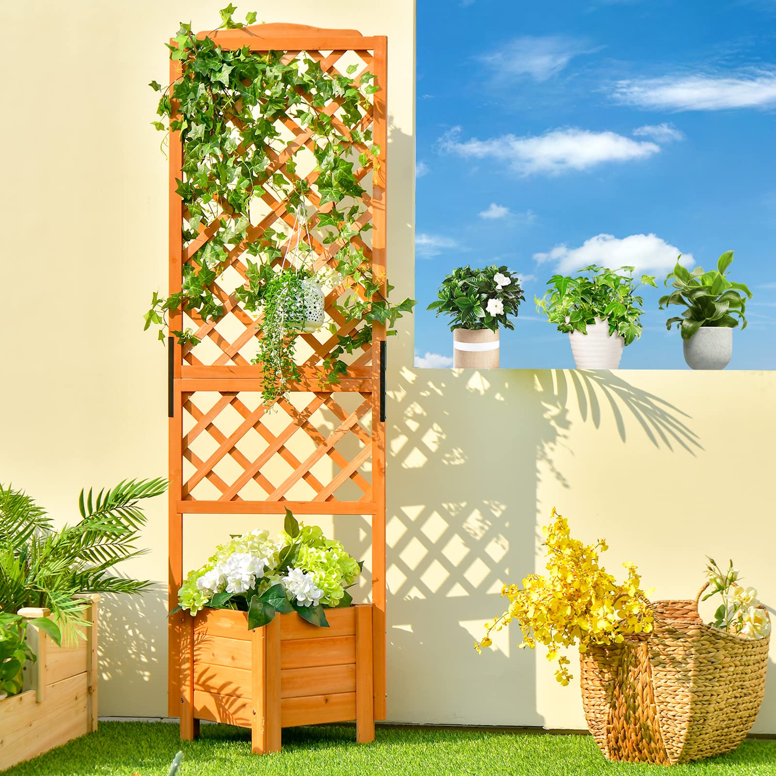 Giantex Planter Raised Bed with Trellis, Wood Raised Garden Bed 71" High Trellis for Plant Flower Climbing 