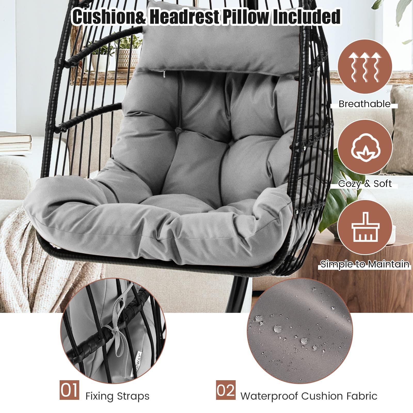 Giantex Egg Chair with Stand, Hanging Basket Chair Hammock Chair w/ Steel Stand Pillow Seat Cushion Rattan Basket & Dust Cover 