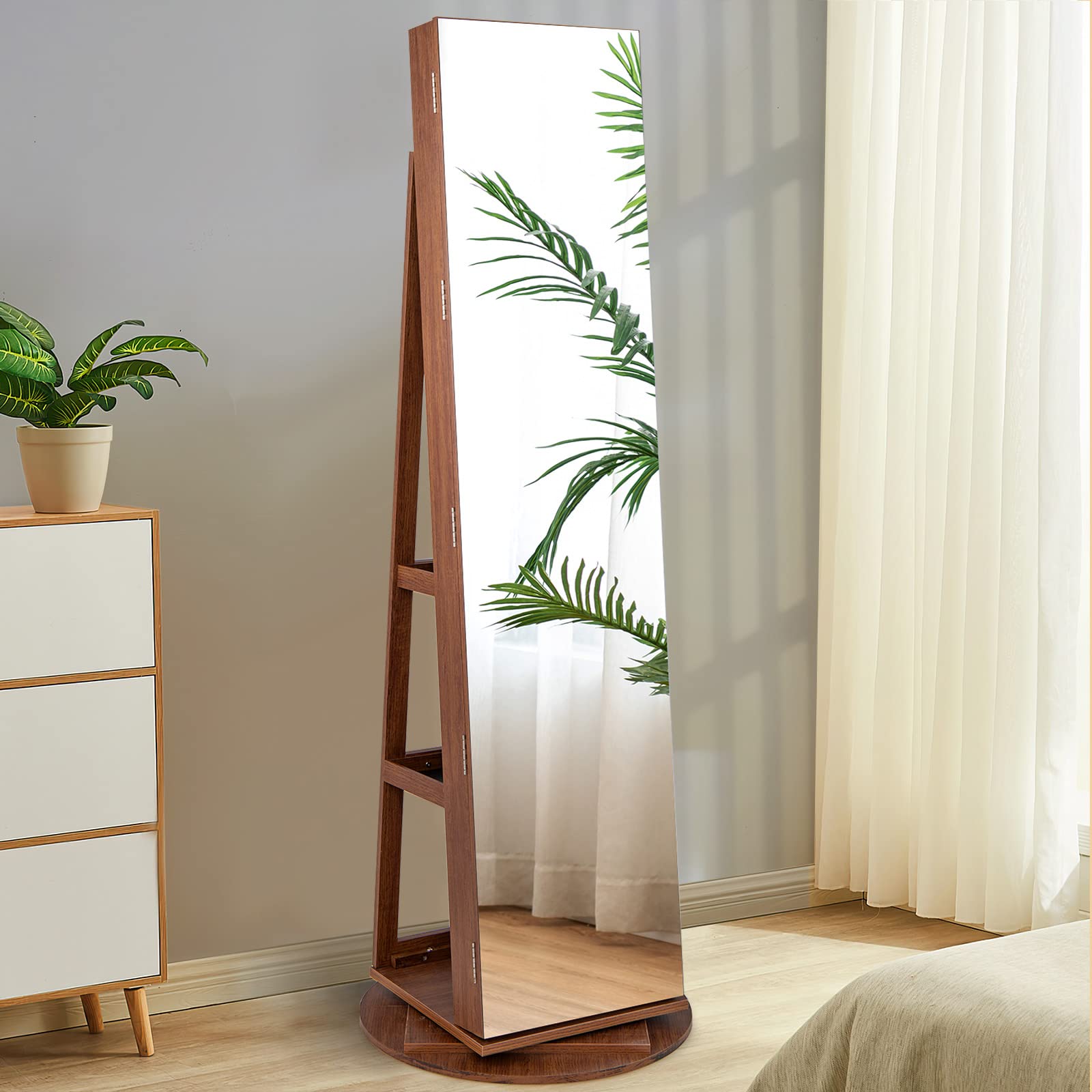 CHARMAID 63.5"H Jewelry Armoire with Full Length Mirror 360 Degree Swivel, 3-Color LED lights 