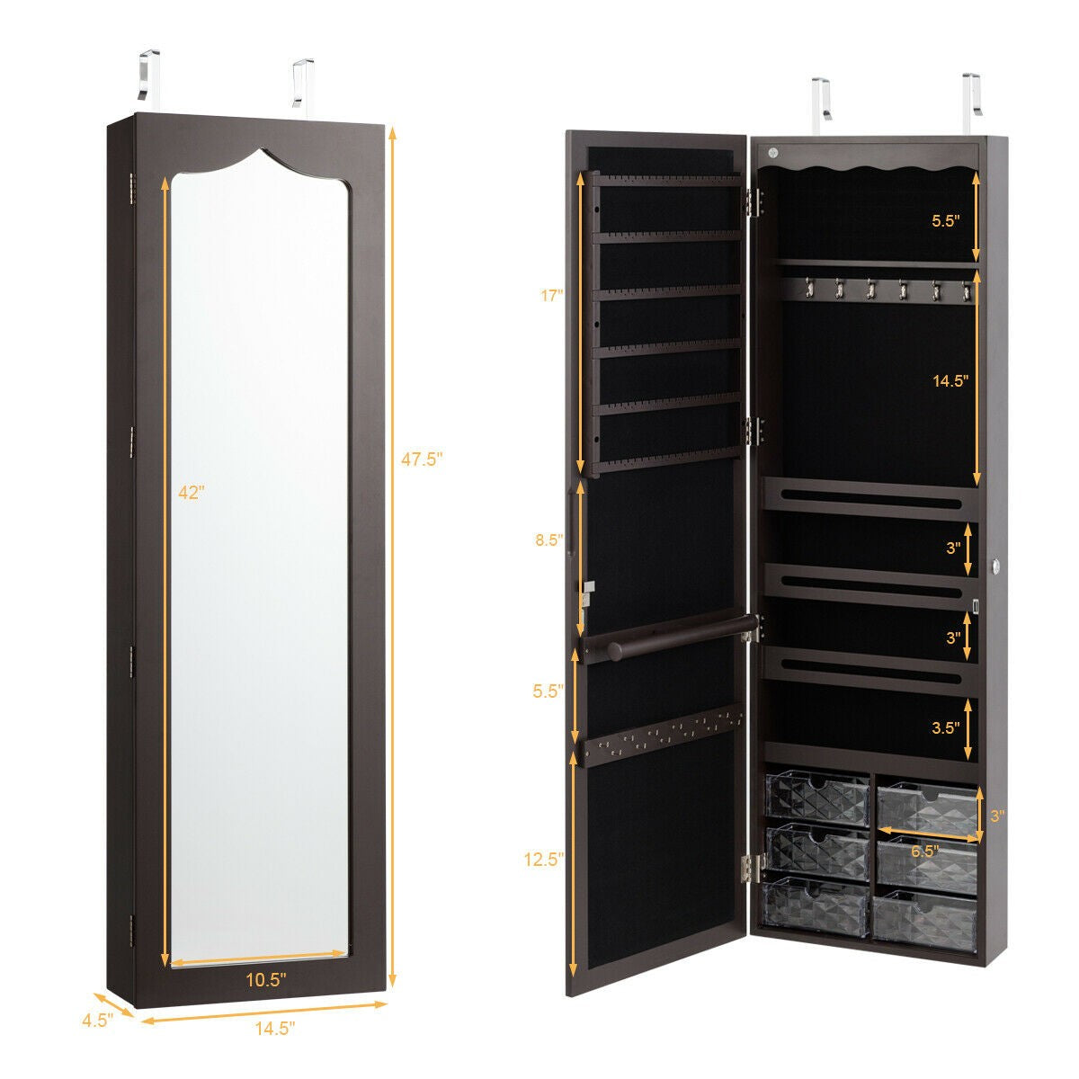 CHARMAID | 5 LEDs Jewelry Armoire Wall Mounted/Door Hanging Mirror