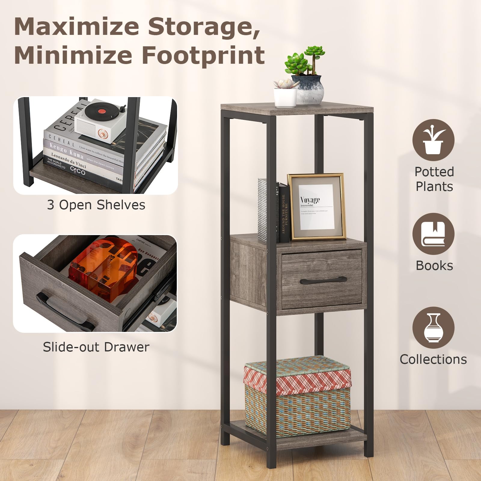 Giantex 3 Tier Tall Plant Stand Indoor, 36 Inch Corner Plant Holder with Drawer & Metal Frame 