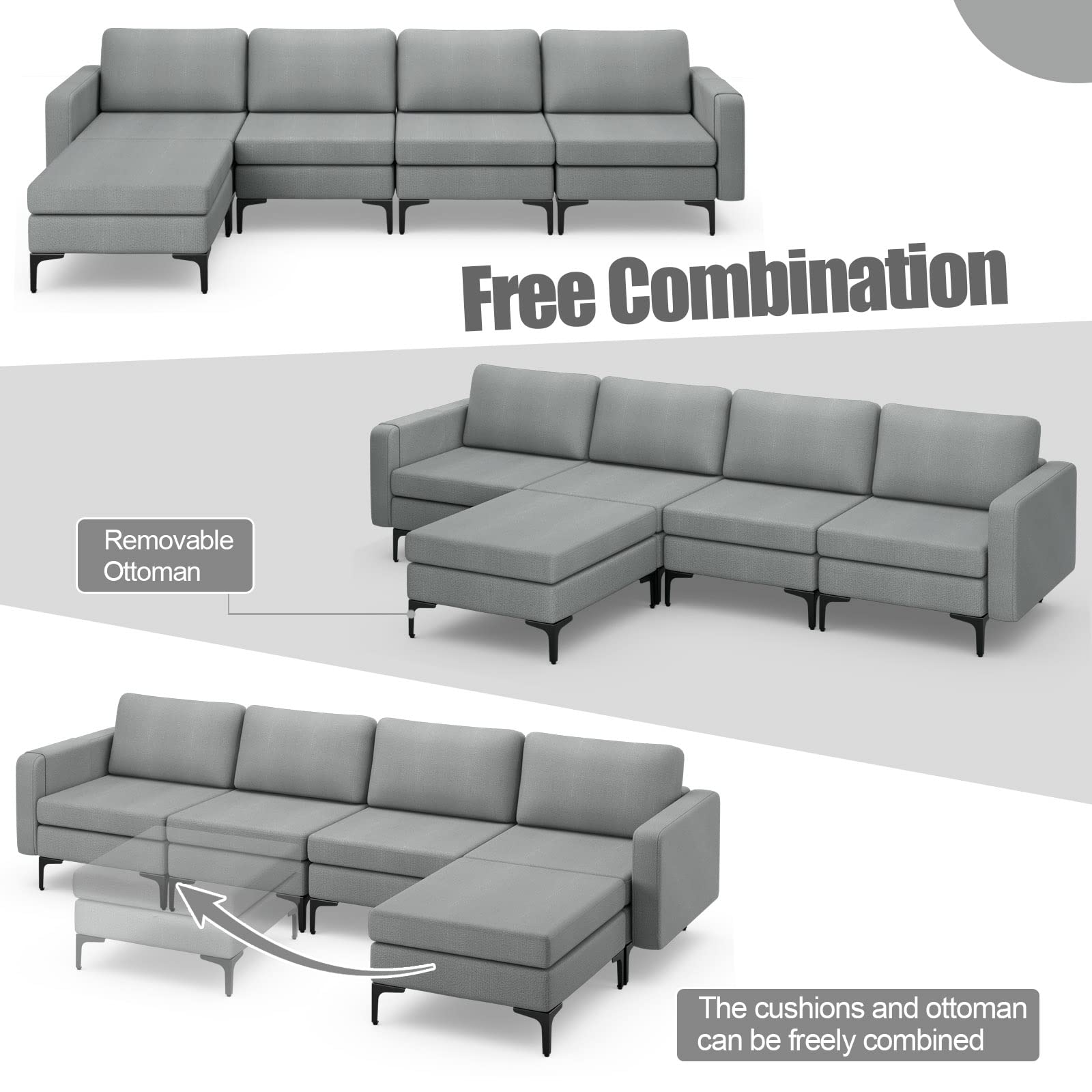 Giantex 4 Seat Convertible Sofa Couch, 123" L Sectional Sleeper with 2 or 1 USB Ports Socket 