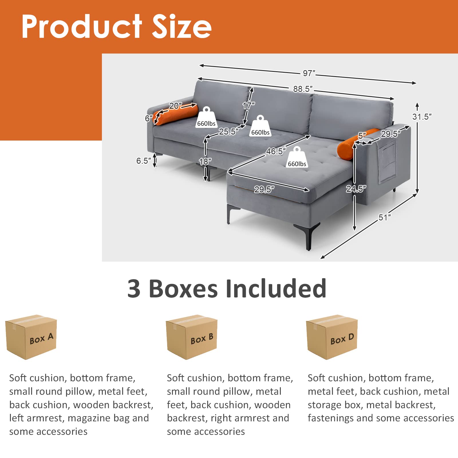 Giantex 97" Large Couch, 3 Seat Sectional Sofa Set, L-Shaped Modular Sleeper with Chaise Lounge & USB Port & Socket 