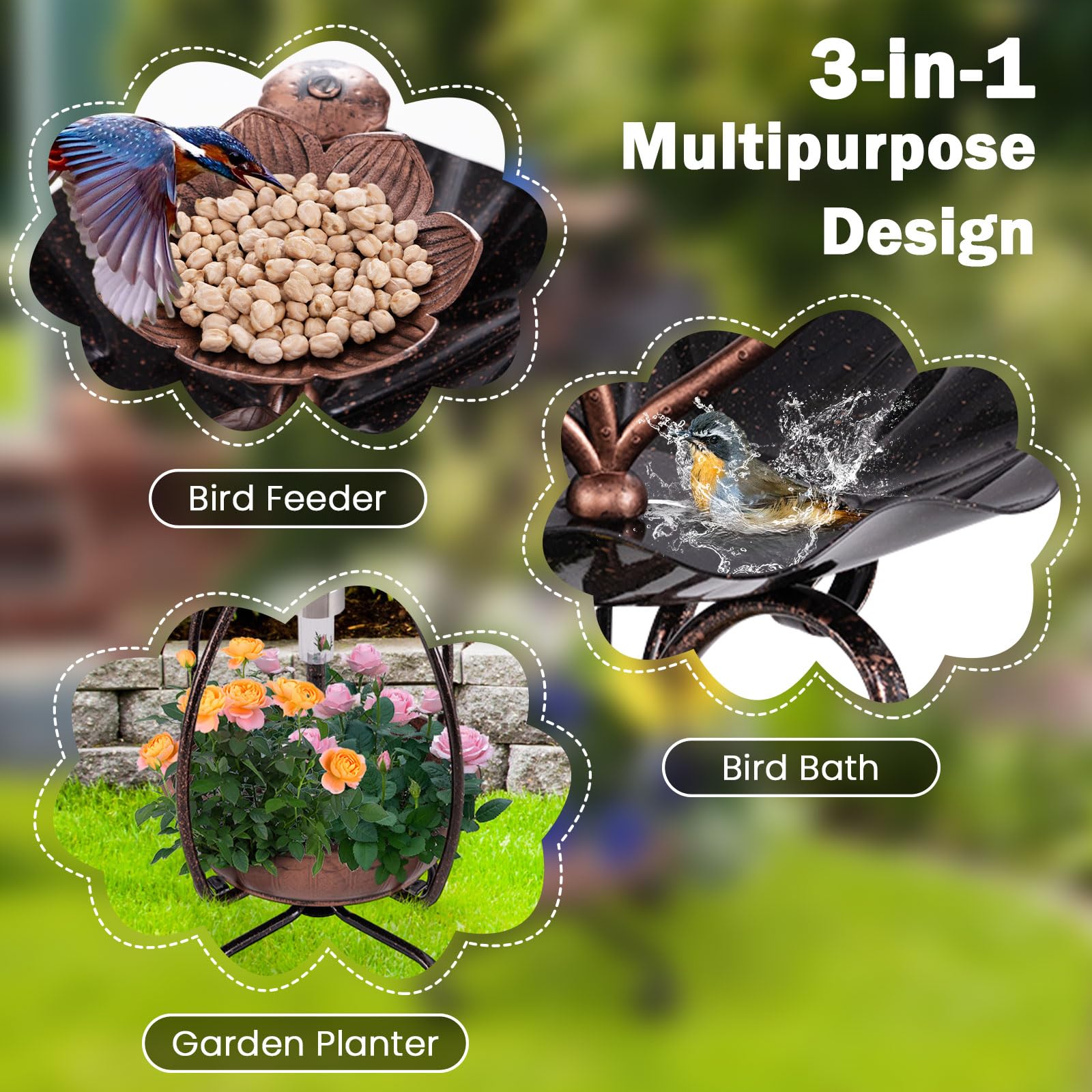 Giantex Bird Bath with Planter - Solar Lighted Bird Bath for Outside with Bird Feeder 