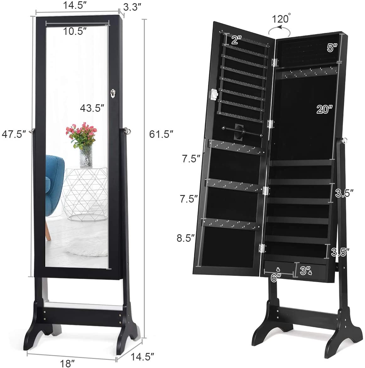 Lockable Standing Jewelry Armoire with Full Length Mirror 