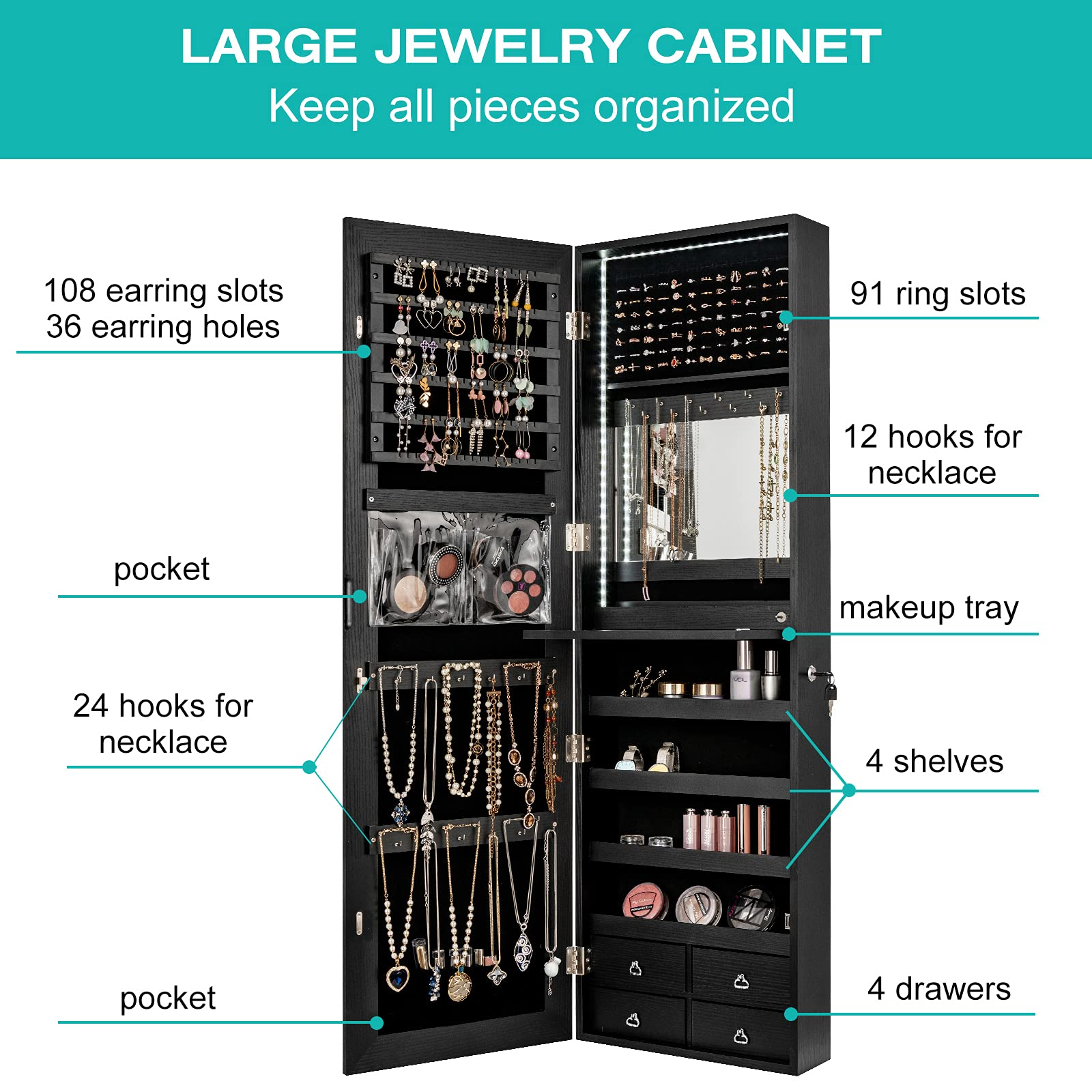 CHARMAID LED Strip Jewelry Armoire with 47.2" H Full Length Mirror 
