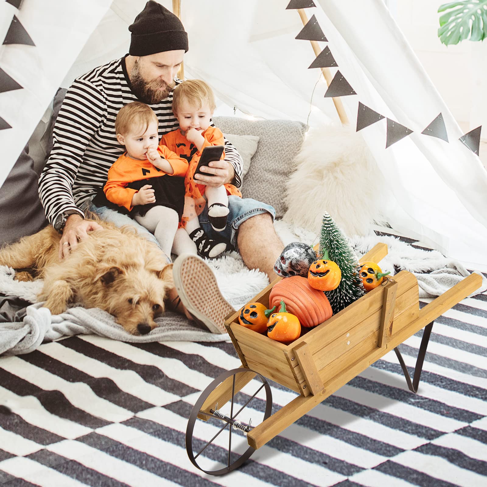 Giantex Wooden Wagon Planter, Small Wheelbarrow Wagon Flower, Indoor & Outdoor Raised Bed 