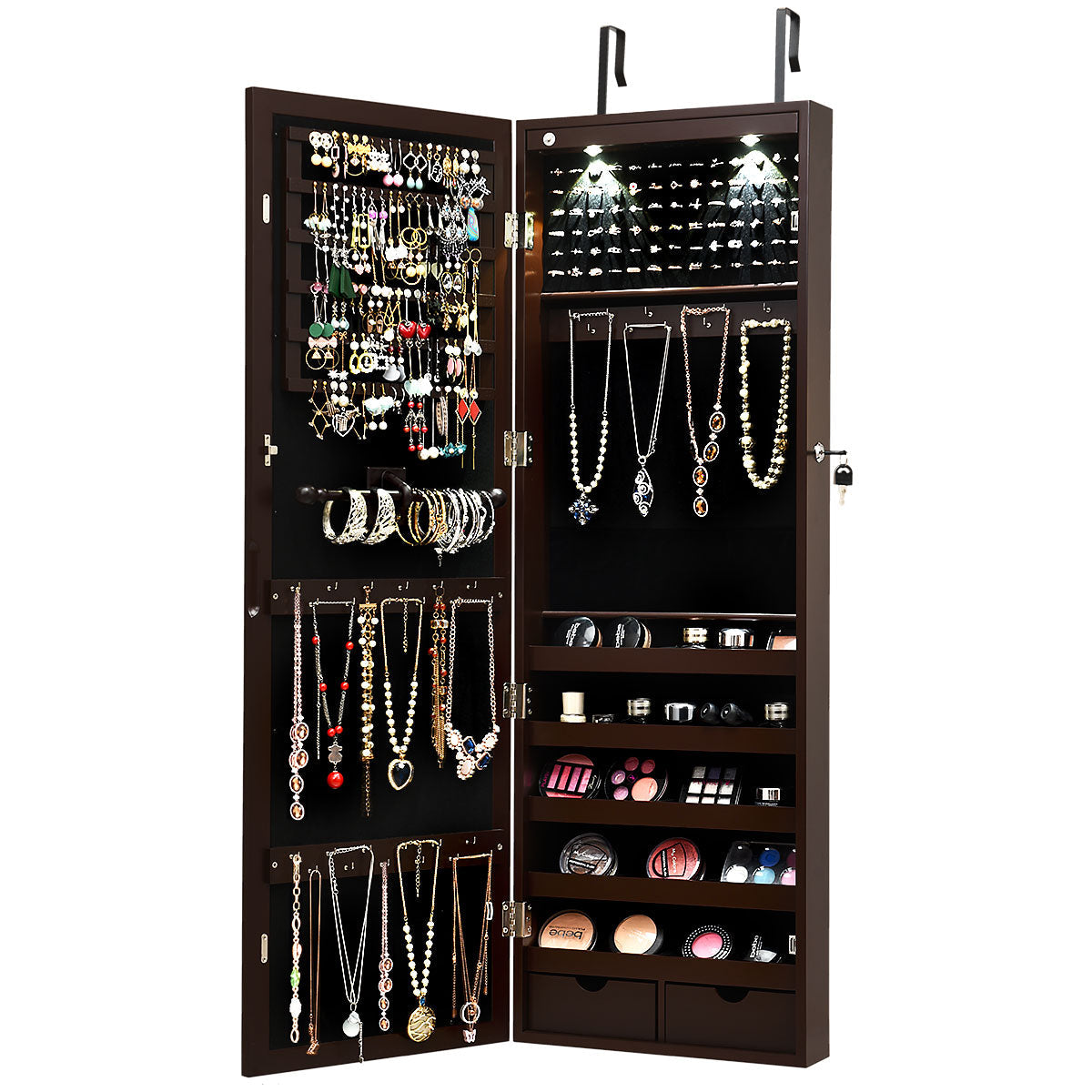 Wall/Door Mounted Jewelry Armoire Organizer with 2 LED Lights