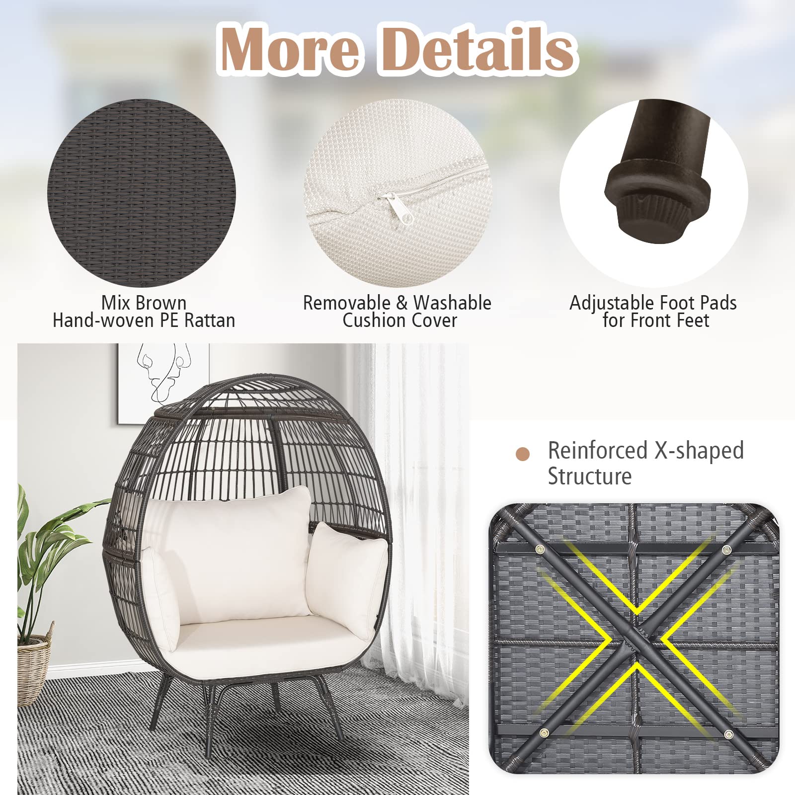 Giantex PE Rattan Egg Chair - Oversized Hammock Chair with Thick Cushions & Sturdy Metal Frame 