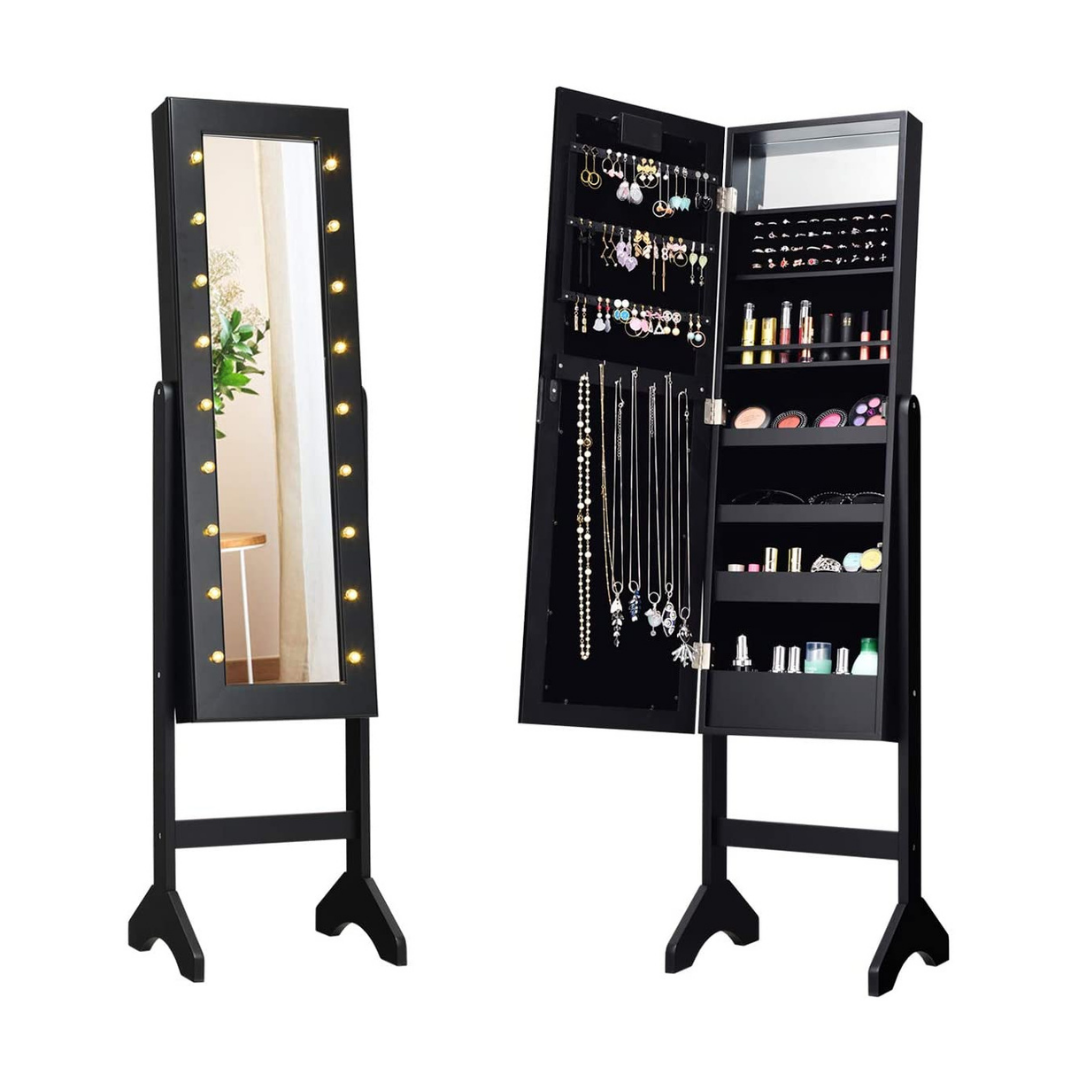 Standing Jewelry Armoire with 18 LED Lights Around the Door