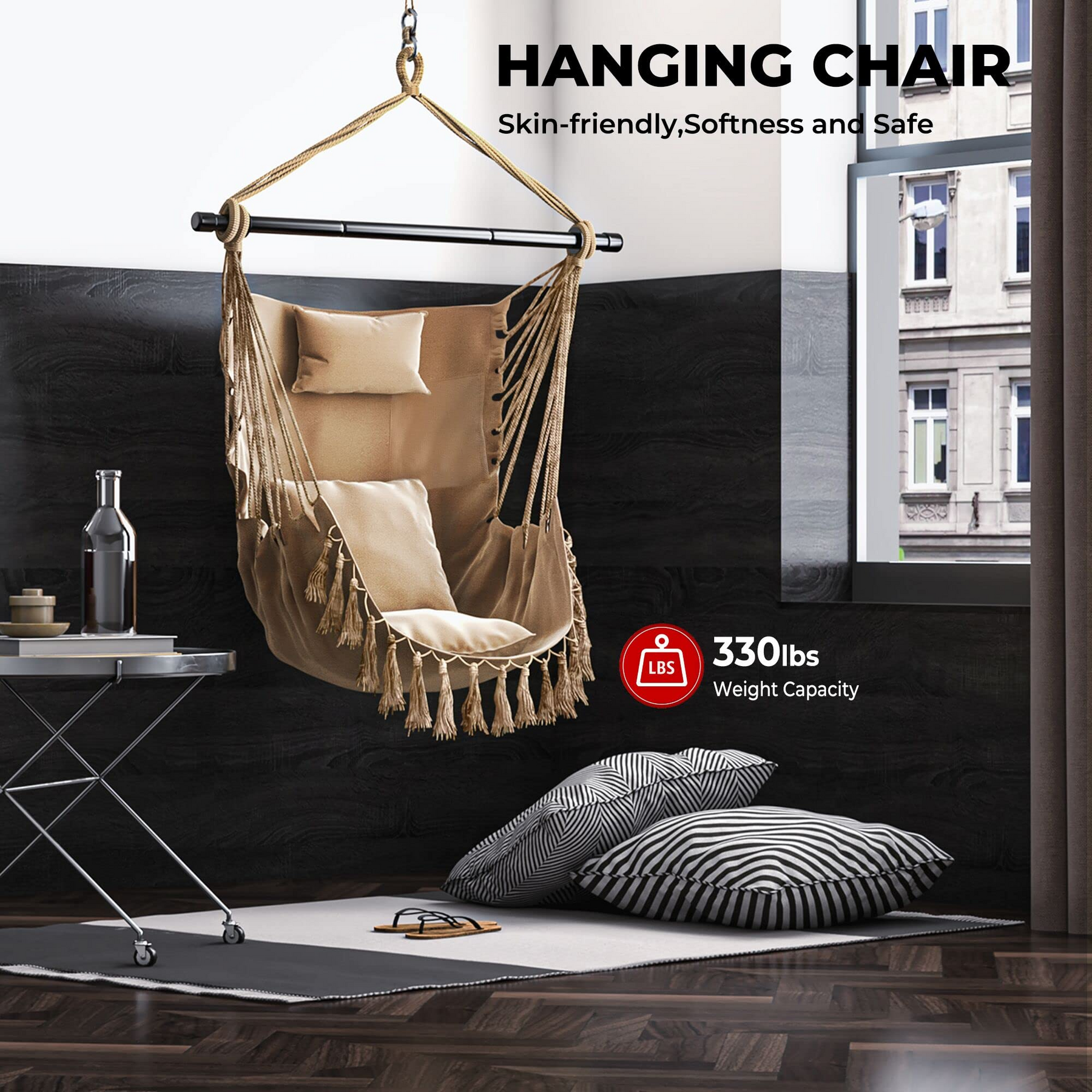 Hanging Chair Hammock Swing Chair - with Sturdy Steel Hanging Bar 