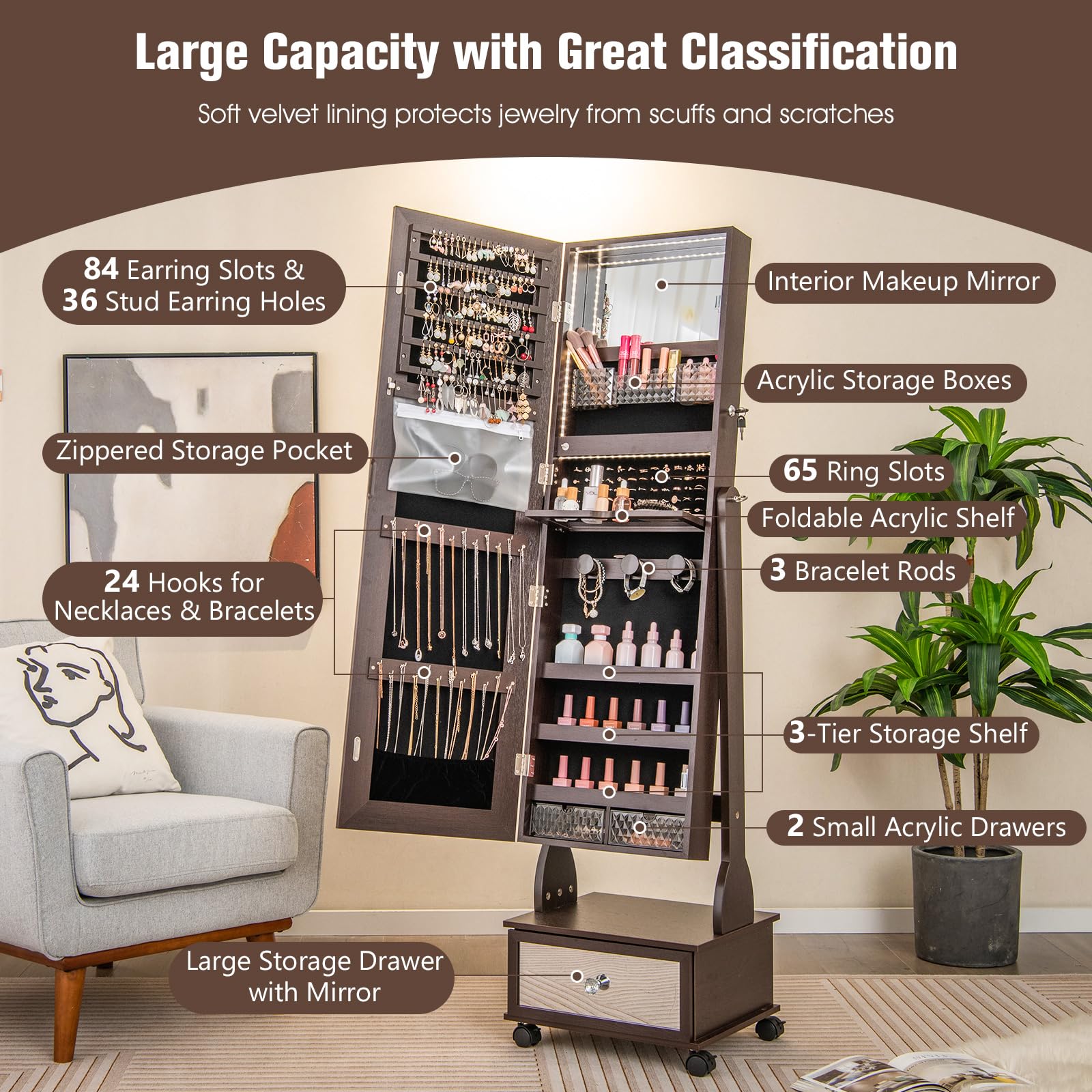 CHARMAID Jewelry Armoire with Full Length Mirror 