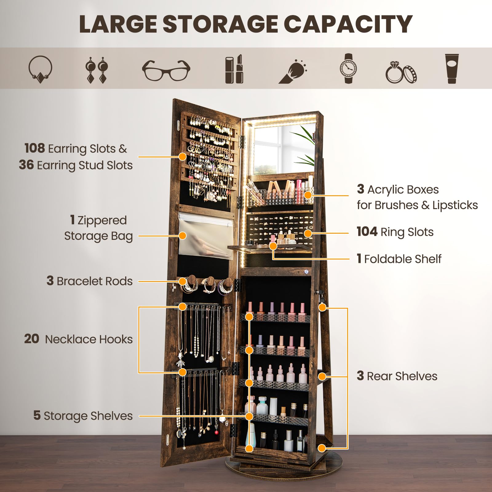 CHARMAID LED Mirror Jewelry Cabinet Armoire 360Â° Swivel, 63" H 3-Color Lighted Full Length Mirror 
