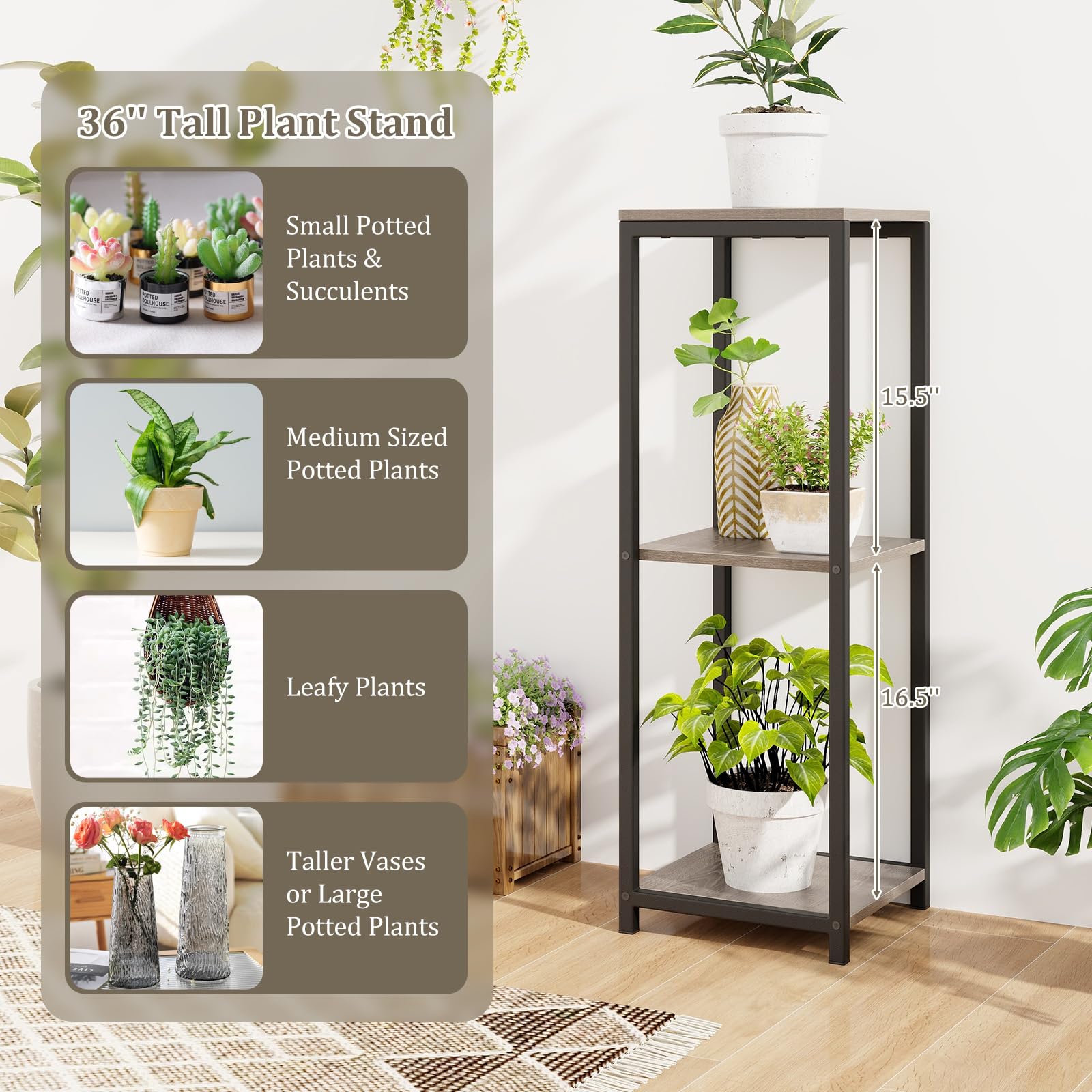 Giantex 3 Tier Tall Plant Stand Indoor, 36 Inch Corner Plant Holder with Metal Frame 