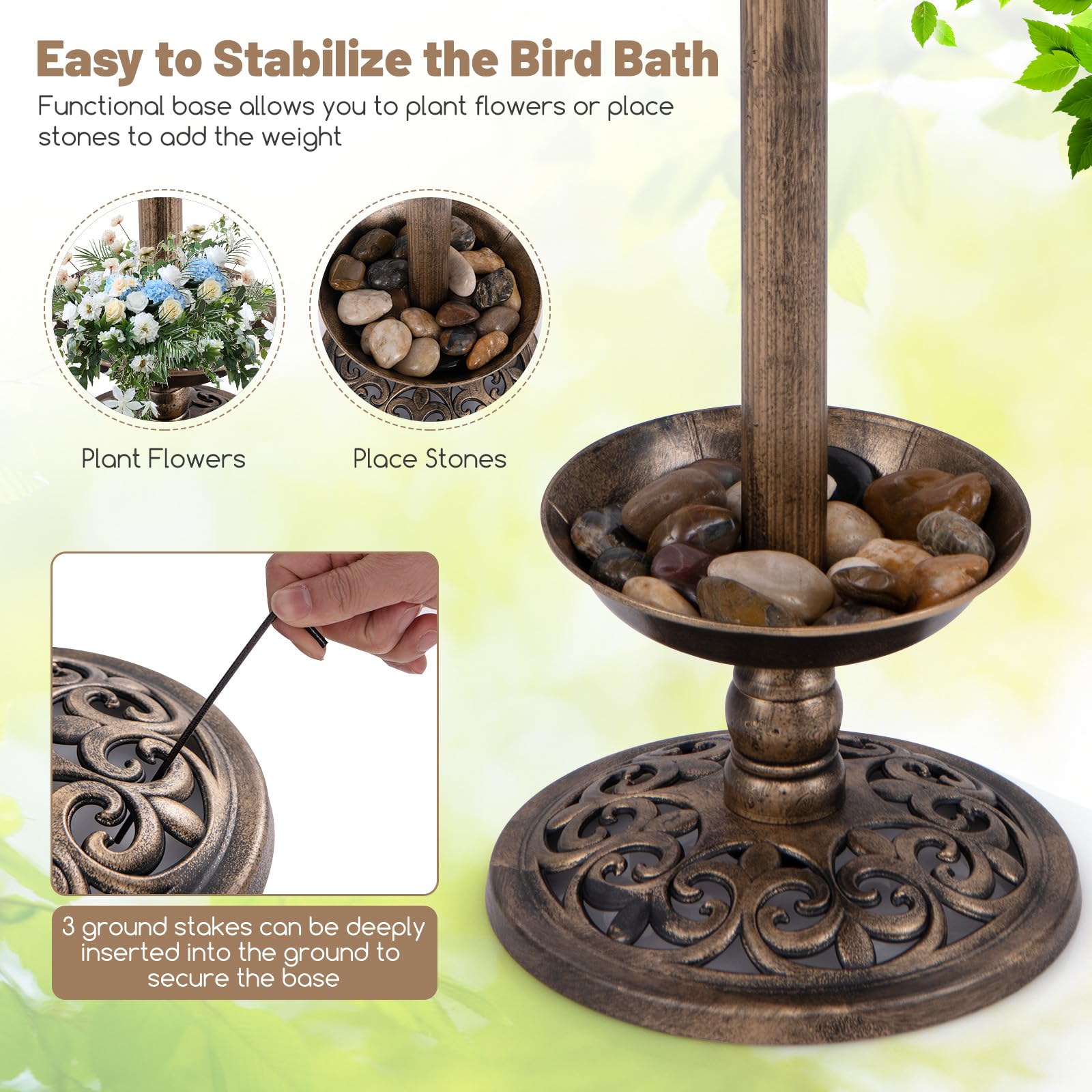 Giantex Bird Bath for Outside, 30 inch Solar Lighted Bird Bath and Feeder with Flower Planter 