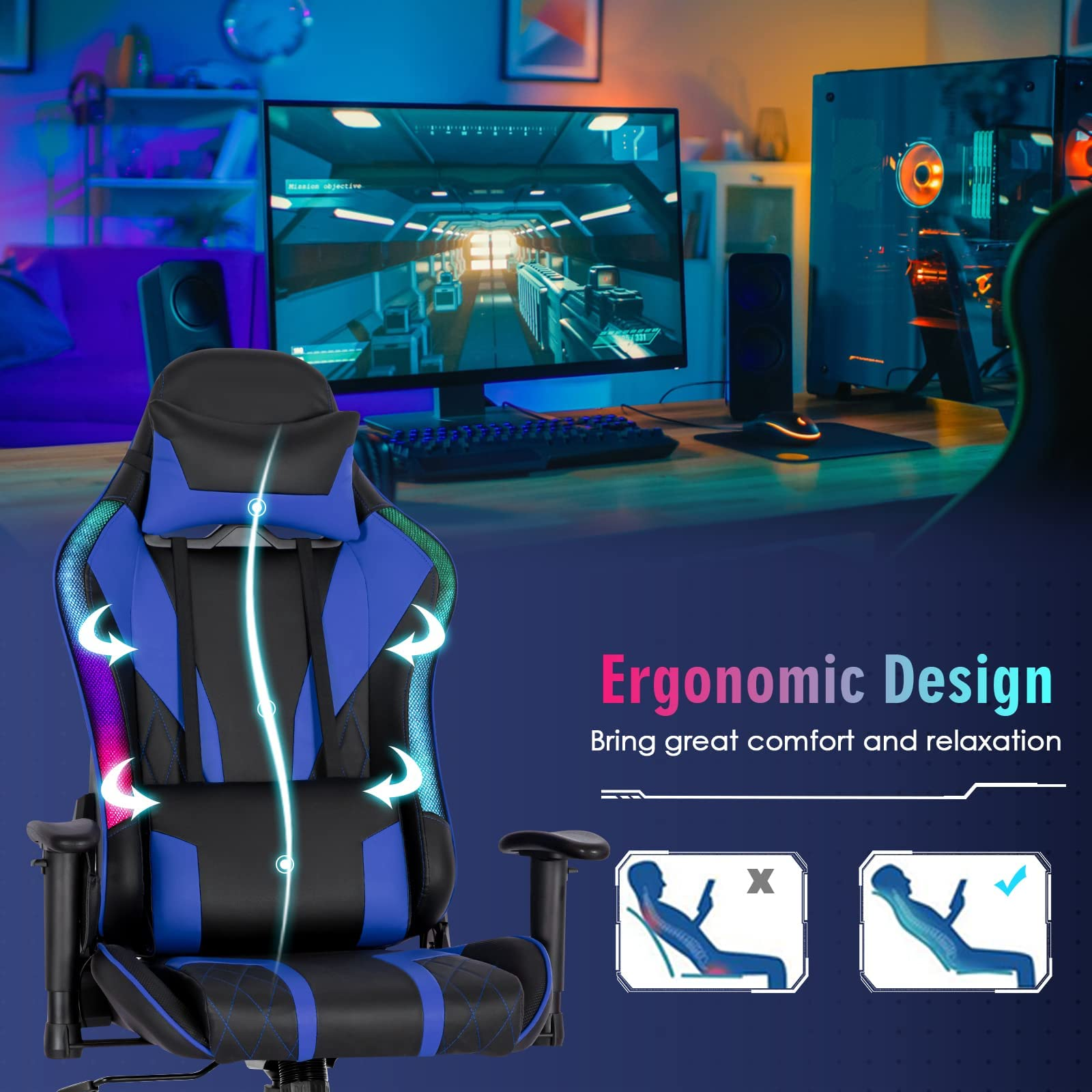 Giantex Gaming Chair with RGB LED Lights, Ergonomic Video Game Chair 