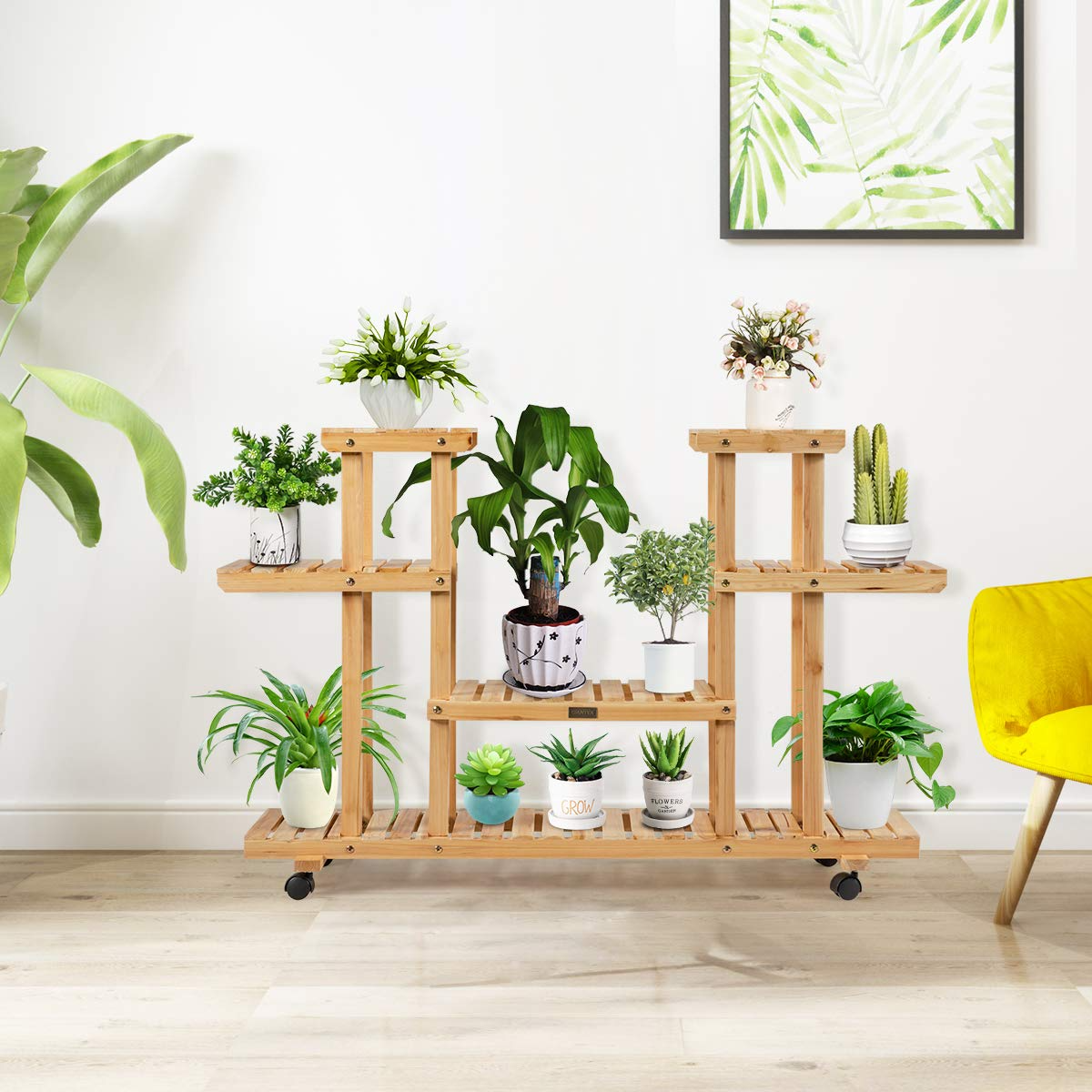 Giantex Rolling Flower Rack Wood Plant Stand on Wheels 