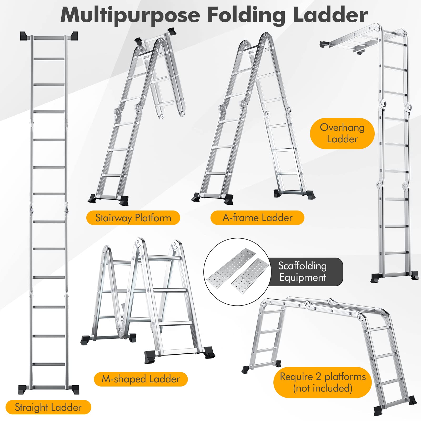 7 in 1 Folding Extension Ladders,Extendable Scaffold Aluminum Step Ladder 330LB (12.2 Ft) 